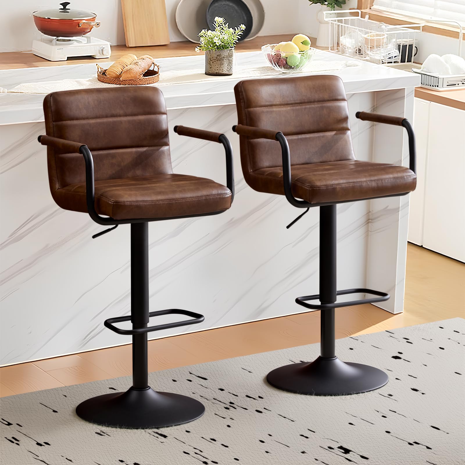 Rishtivin Bar Stools Set of 2, PU Leather Adjustable Height 360° Swivel Barstools with Backrest and Armrests, Counter Height Bar Chairs for Kitchen
