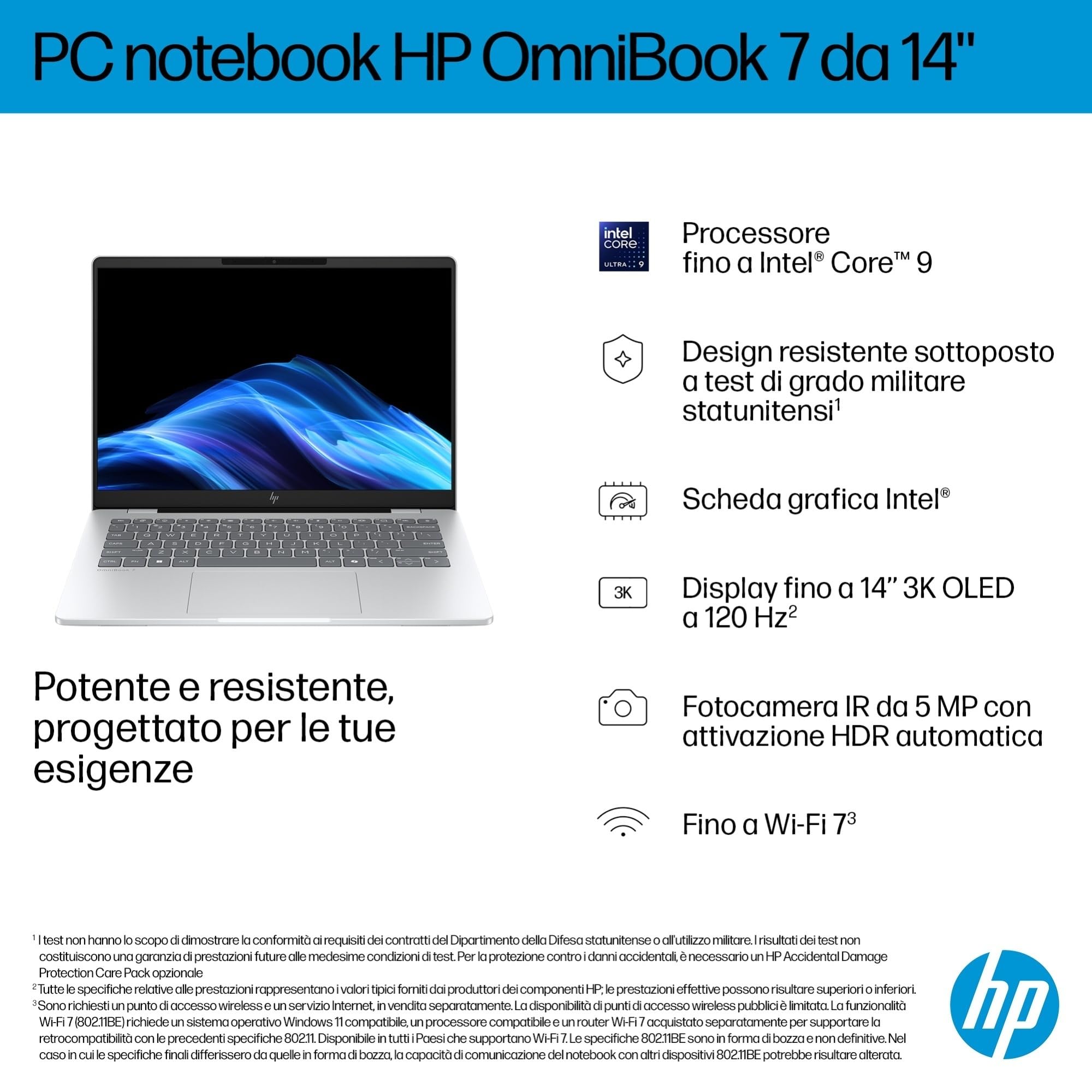 HP OmniBook 7 14-fr0000sl PC Portatile 14" 2K OLED Antiriflesso Intel Core Ultra 7 255U 16GB RAM 1TB SSD Windows 11 Argento
