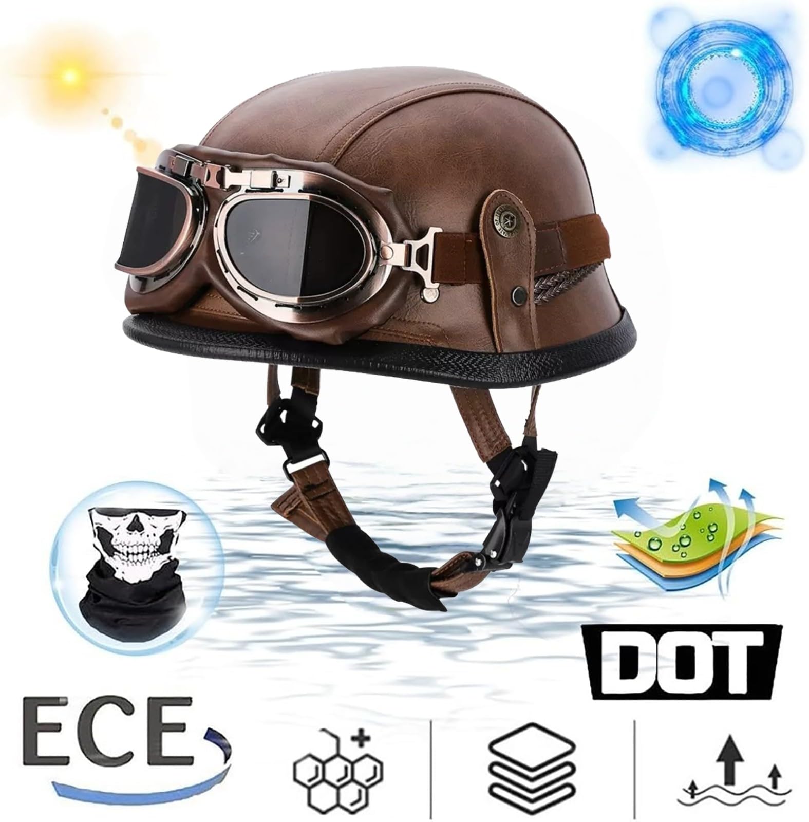 Półkask motocyklowy dla dorosłych mężczyzn i kobiet, niemiecki skórzany kask motocyklowy, vintage, półkask do hulajnogi cruisera, certyfikat ECE 10,XL (58-59 cm)