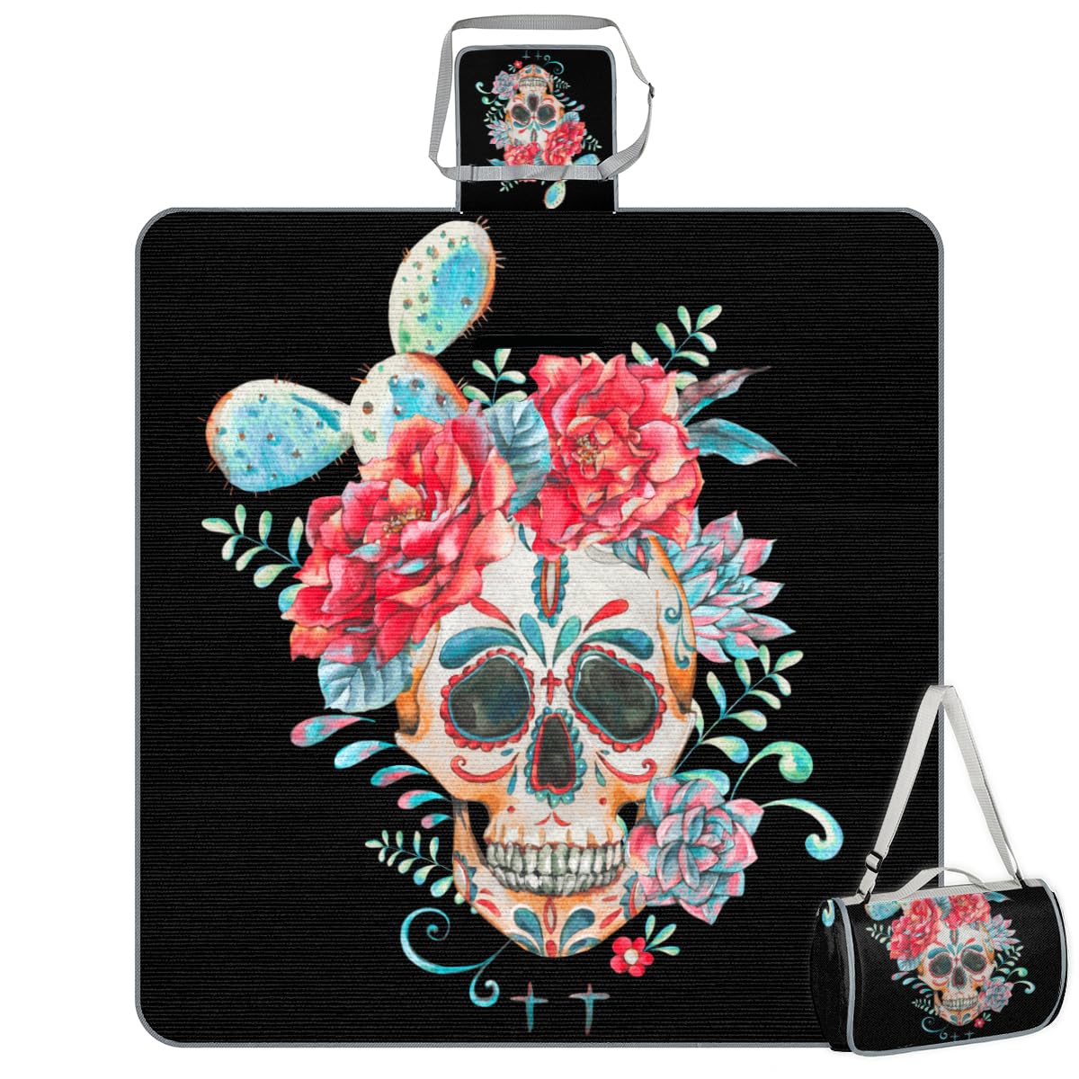Shimoshe Picnic Blankets 57”x 59”, Cactus Flower Sugar Skull Waterproof Sandproof Picnic Mat Lightweight Foldable Beach Blanket for Camping Park Grass Beach Outdoor Blanket