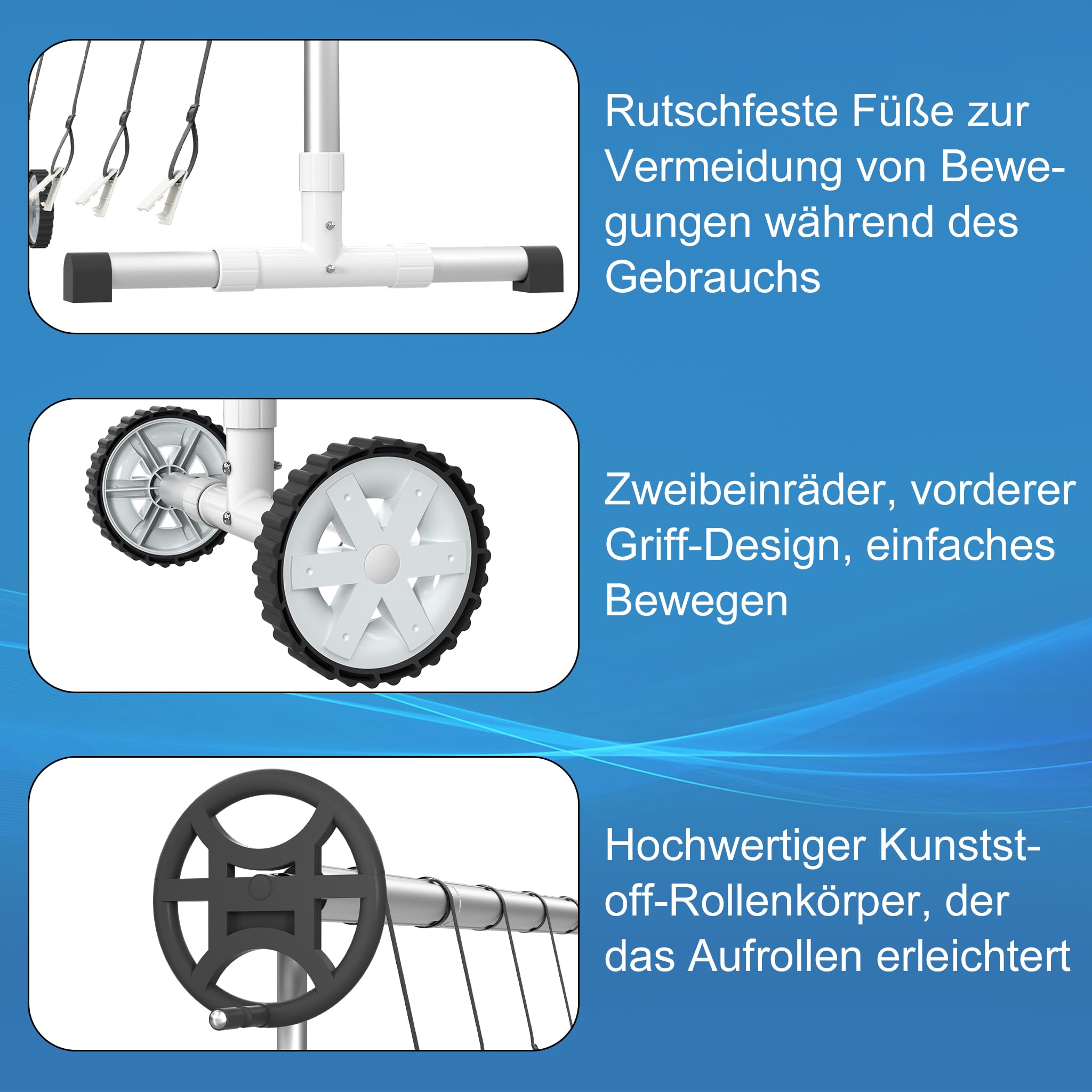 UISEBRT Pool Aufroller Mobiles Poolfolienaufroller 3m - 5,70m für Poolplane, Aufrollvorrichtung mit Befestigungsbändern & Rädern