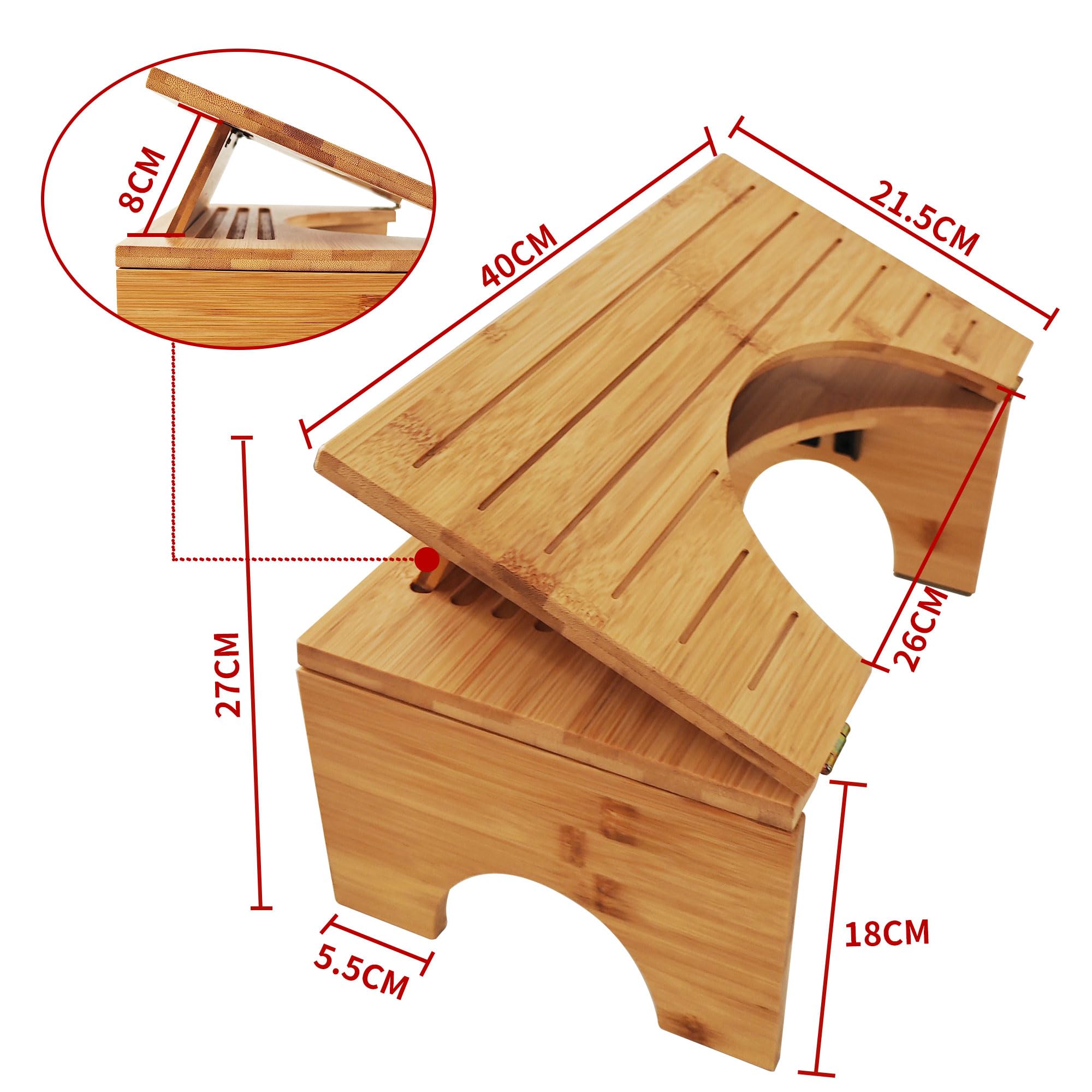 Sgabello WC pieghevole in bambù – Sgabello ergonomico per bagno con 4 marce regolazione dell'inclinazione (18 – 27 cm), antiscivolo, pieghevole, per adulti e bambini