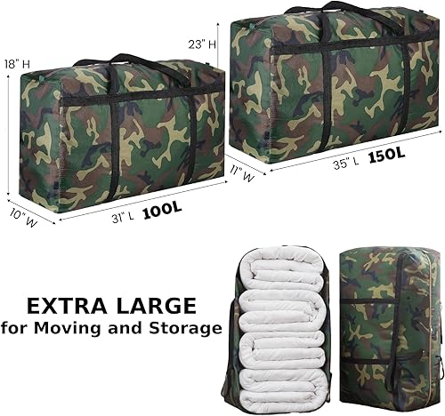 Miniatura 10 de 2 paquetes de bolsas de mudanza extra grandes de camuflaje de 100 L, bolsas de almacenamiento resistentes, asas envolventes de tela Oxford 600D,