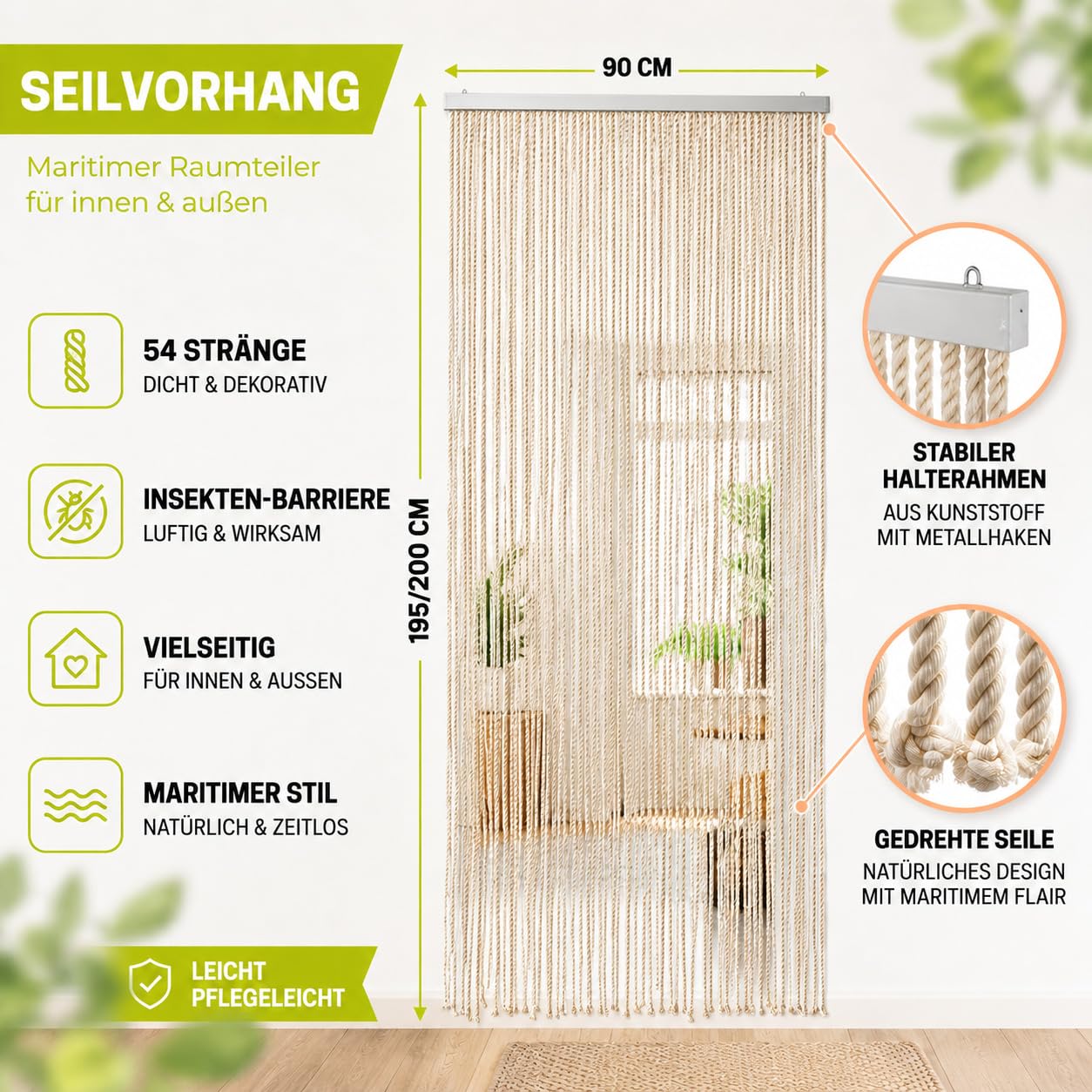 Kobolo Seilvorhang MARITIM 90x195/200cm beige, Türvorhang mit 54 Strängen je 1cm, Fadenvorhang als Insektenschutz & Raumteiler, dekorativer Schnurvorhang, für Balkon und Terrasse