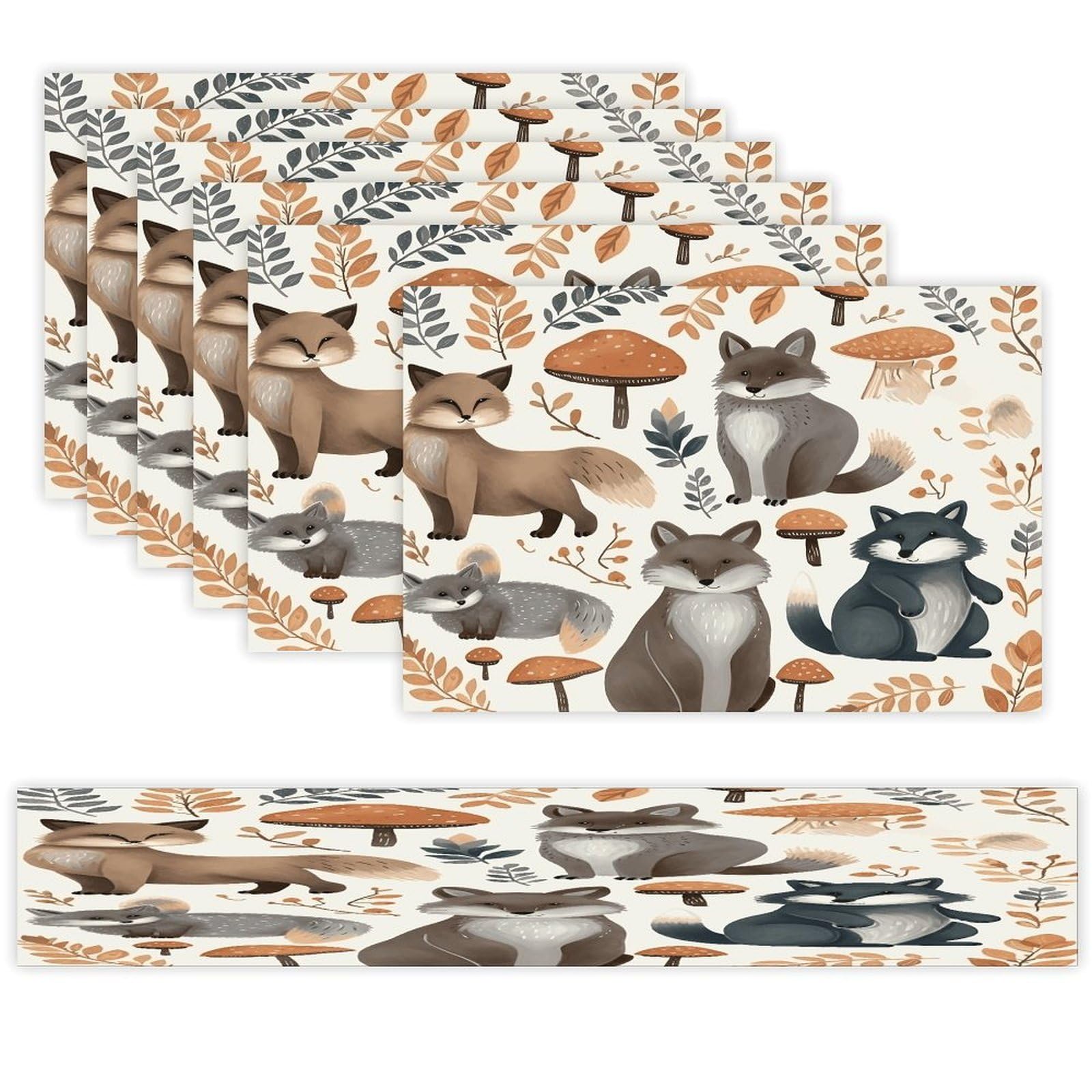 Woodland Raccoon Animals Table Runner and Placemats of 6 Washable Heat Resistant Place Mats with Table Runner Vintage Holiday Table Mat Set for Holiday Party Kitchen Dining Deco