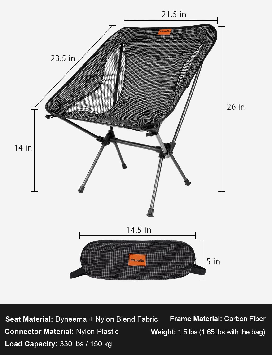 Msnaile Camping Chair - Carbon Fiber Frame - 1.5 lbs Lightweight Compact Folding Chair, Camp Chairs for Adults, Ultralight Backpacking Chair for Outdoor, Travel, Hiking