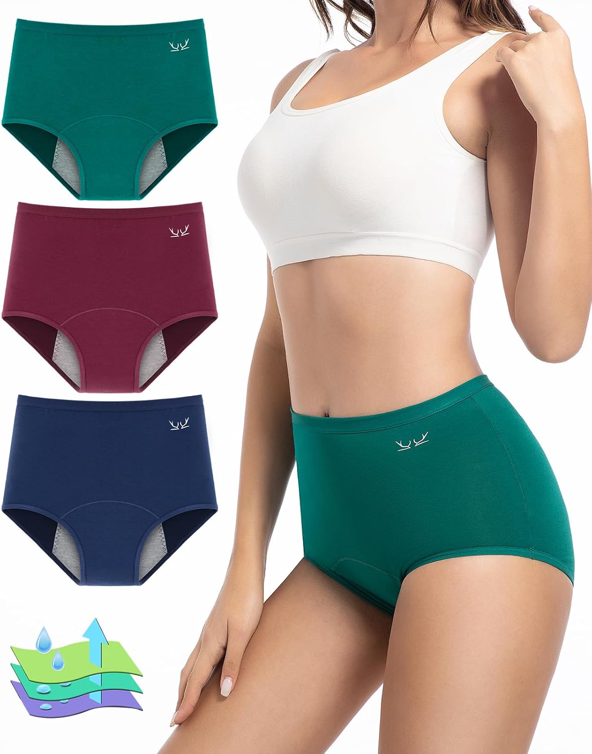 TANSTC Period Underwear for Women High Waisted Heavy Flow Leakproof Menstrual Panties Postpartum Teens Cotton Hipster 3 Pack X-Large Darkblue Winered Darkgreen-upgraded