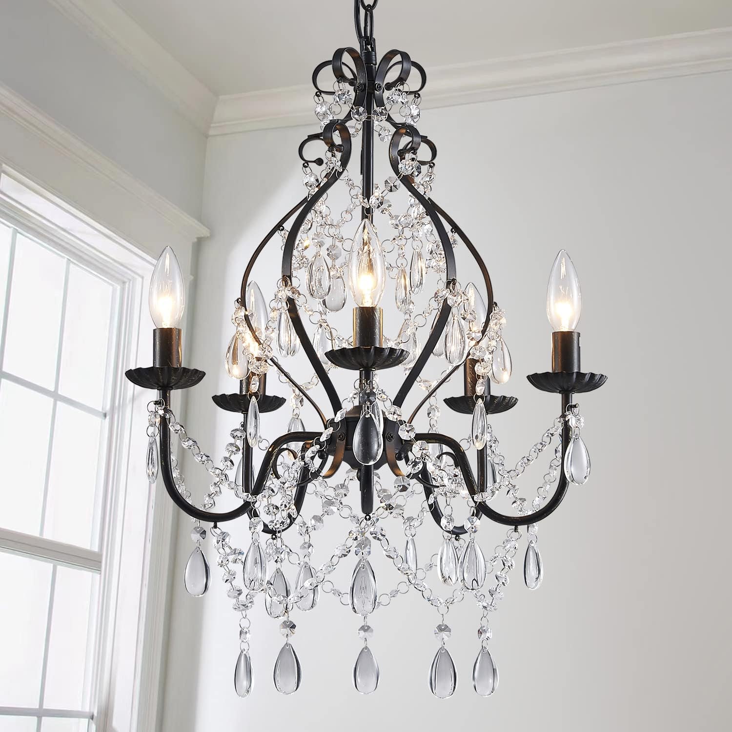 Saint Mossi 5-Lights Crystal Chandelier, Farmhouse Pendant Light Fixtures, H24 x D17,Chain Adjustable Max 59", Black Finish