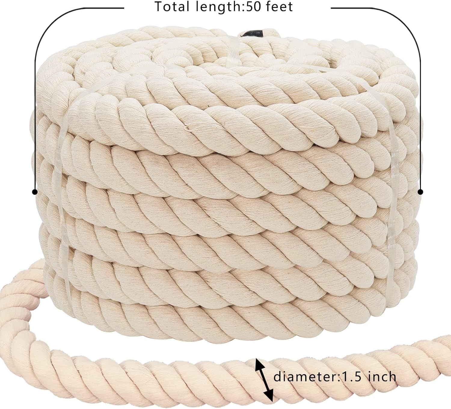 Cotton Rope (1.5 in x 50 ft) Natural Thick Twisted Rope for Sports Tug of War, Railing,Hammock,Decorating