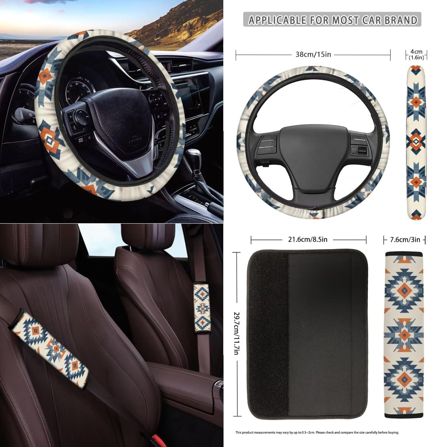 Wanyint 12 PCS Auto Accessories Car Seat Covers Set, with Steering Wheel Seat Belt Armrest Rear View Mirror Cover Trash Bin Sunglass Pocket Coaster Key Chain, Southwest Aztec Blue Orange