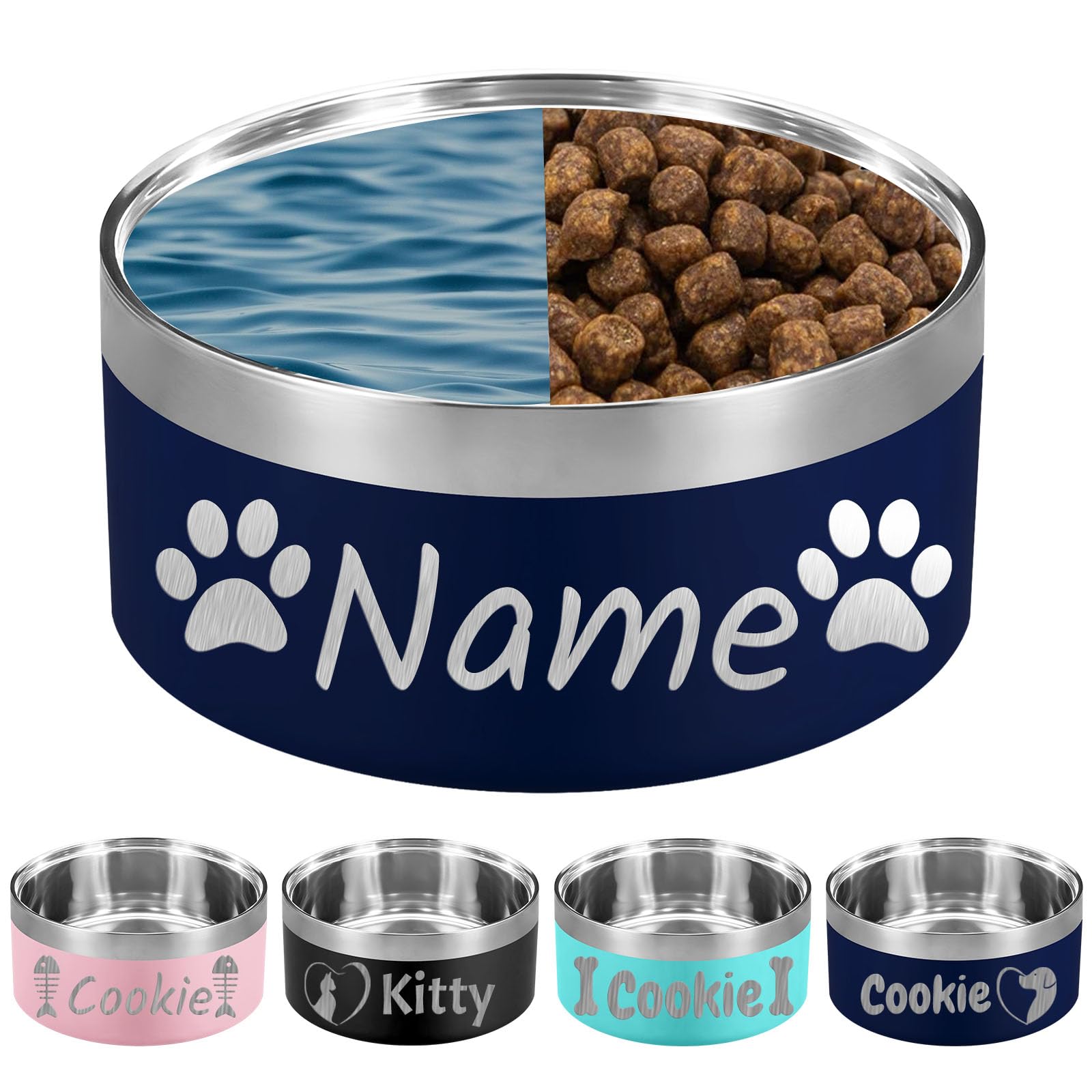 Personalized Dog Bowl Laser Engraved Custom Pet Name 18/32/42/64 oz No Slip Stainless Steel Insulated Bite-Resistant Food Water Dishes-Navy