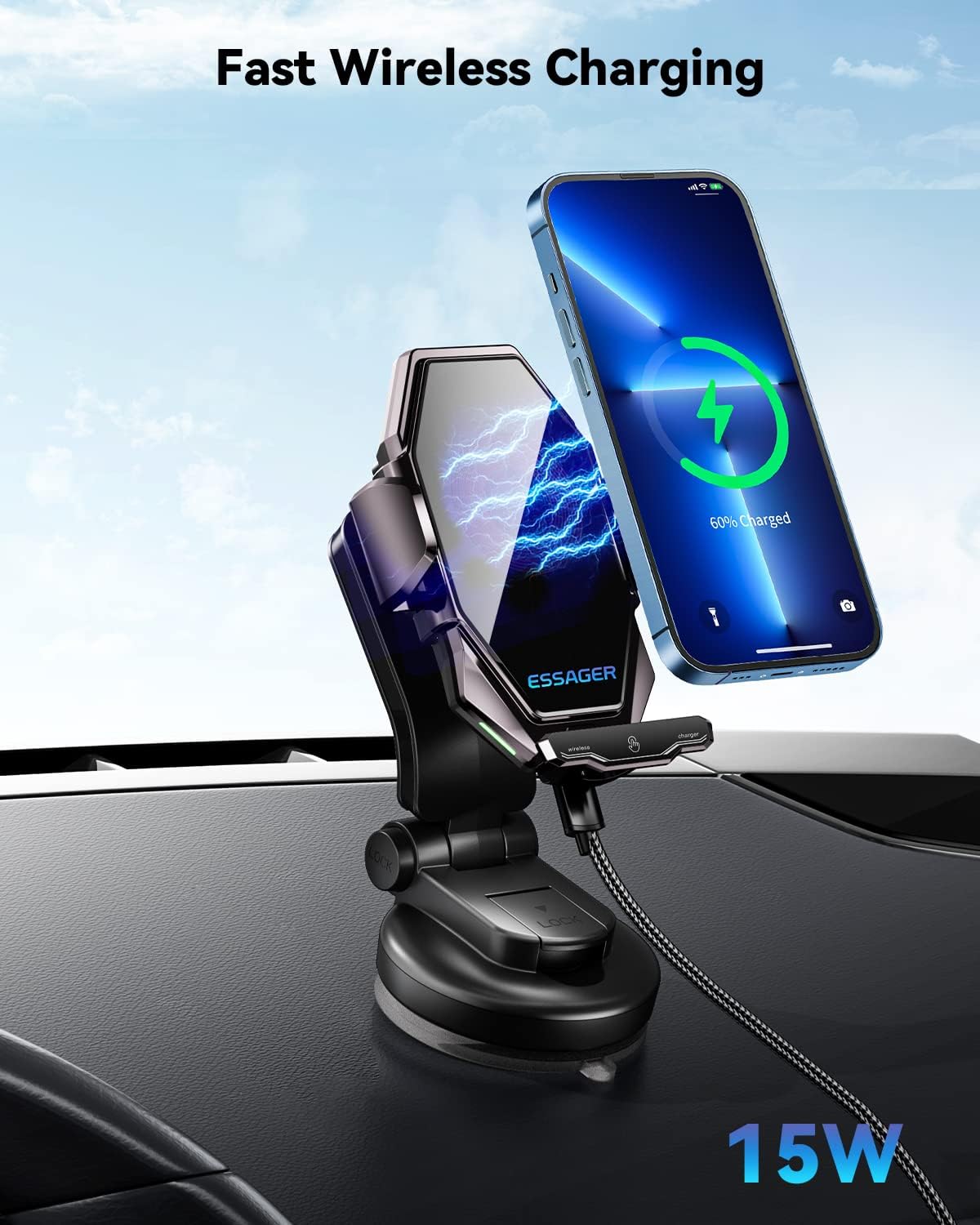 Smartphone wirelessly charging on the ESSAGER car charger