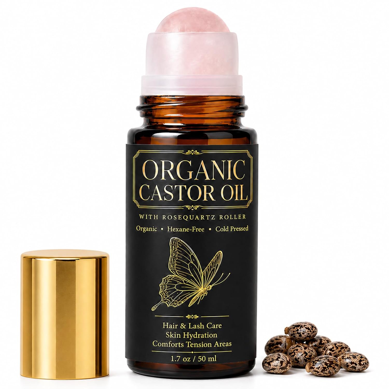 Castor Oil Rose Quartz Roller Ball, Organic Cold Pressed Castor Oil Roll On for Lashes, Brows, Hairline, Dry Skin & Comfort Massage, 1.7 fl oz (1)