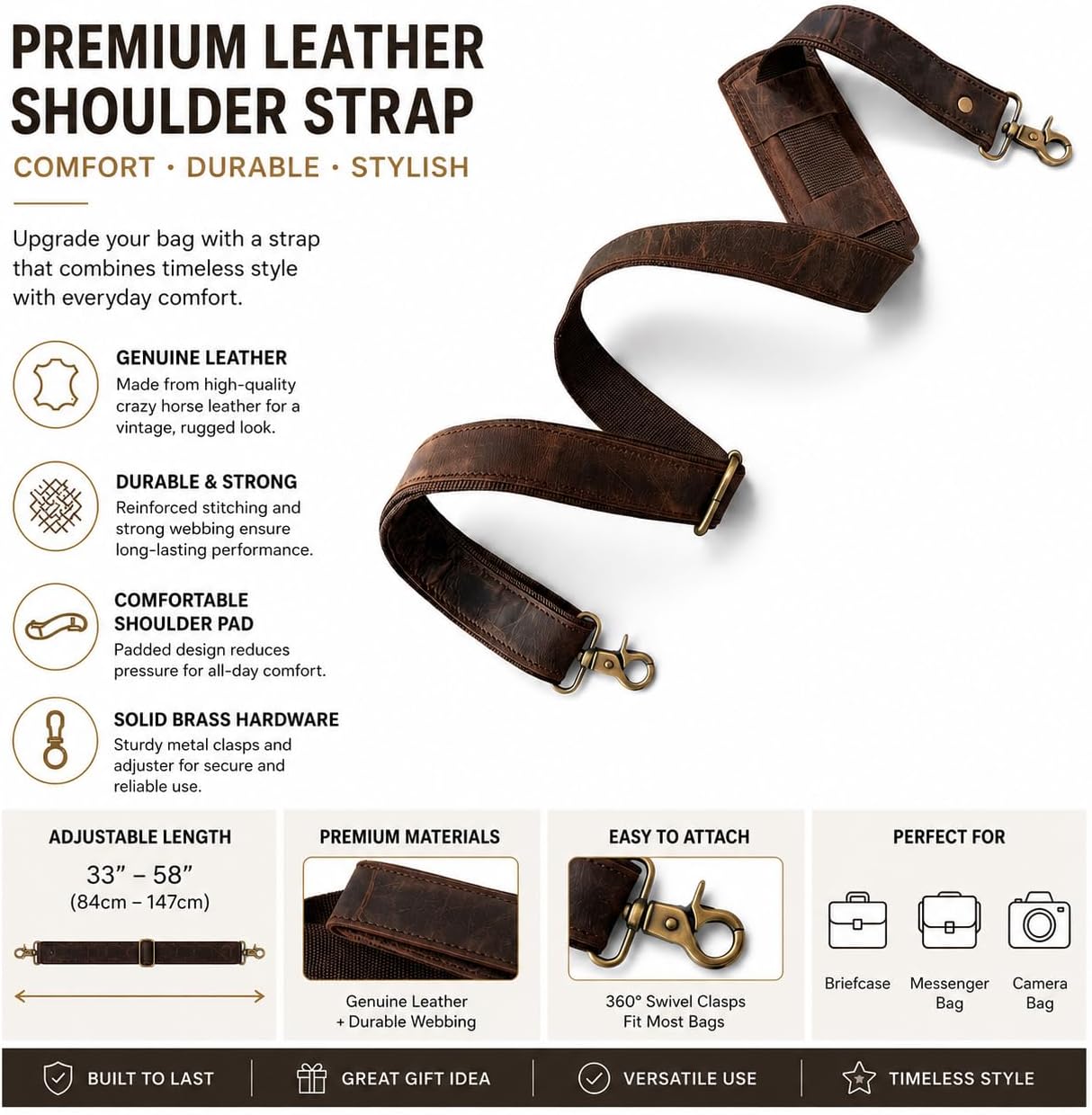 Leather Adjustable Shoulder Strap for Bags, Genuine Leather Replacement Strap 58 Inch Padded Brass Swivel Hooks, Heavy Duty Strap for Messenger Bag, Briefcase, Laptop, Duffle, Travel Bag (Brown)