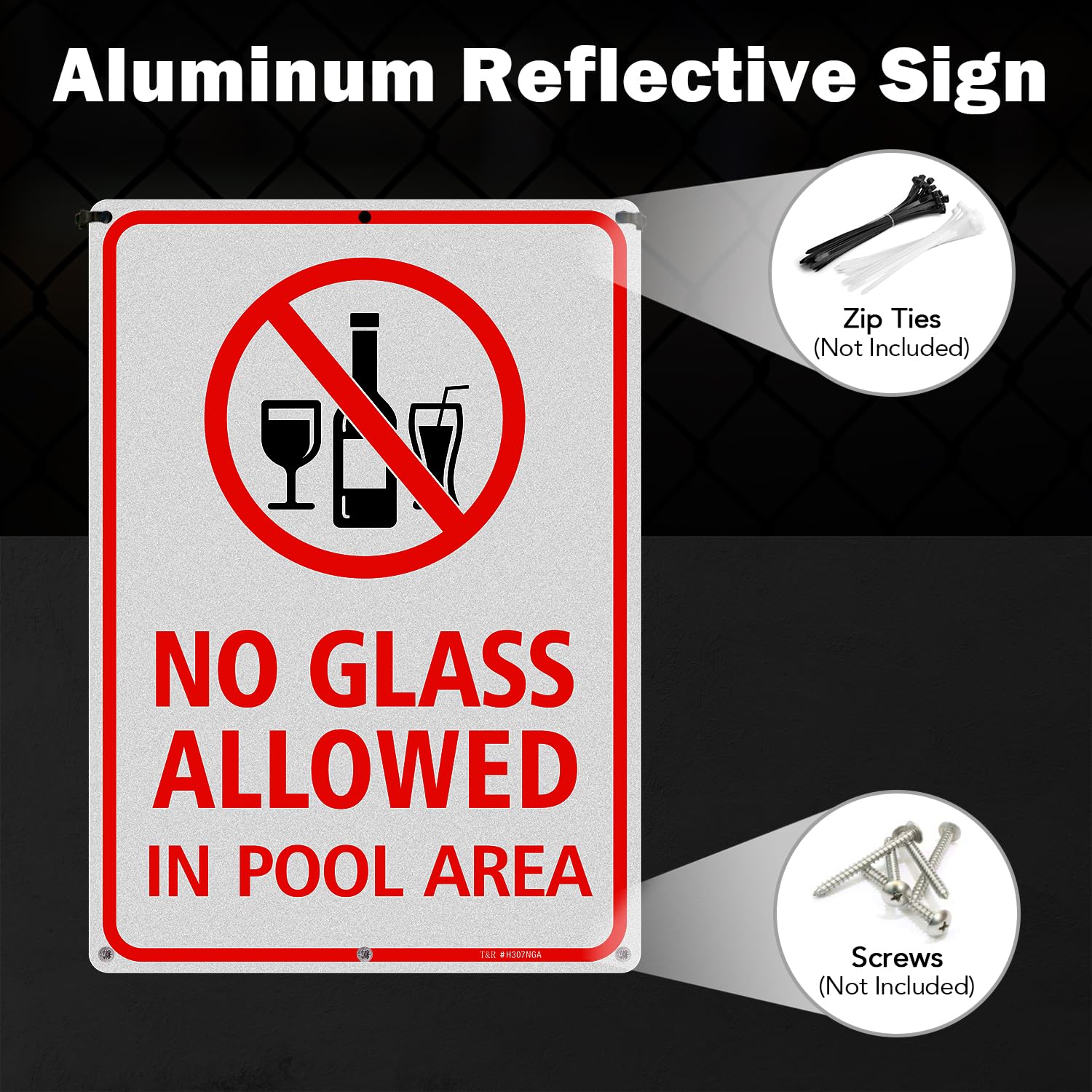T&R Lot de 2 panneaux « No Glass Allowed In Pool Area » - 35,6 x 25,4 cm - Aluminium lourd .040 antirouille - Réfléchissant, imperméable, résistant aux intempéries et à la décoloration, 6 trous