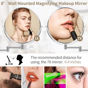 BTremary 8” Wall Mounted Bathroom Shaving Mirror 1X/7X Wall Mount Magnifying Mirror Swing Arm Two-Sided 360° Swivel Makeup Mirror for Men and Women in Hotel/Home, Chrome