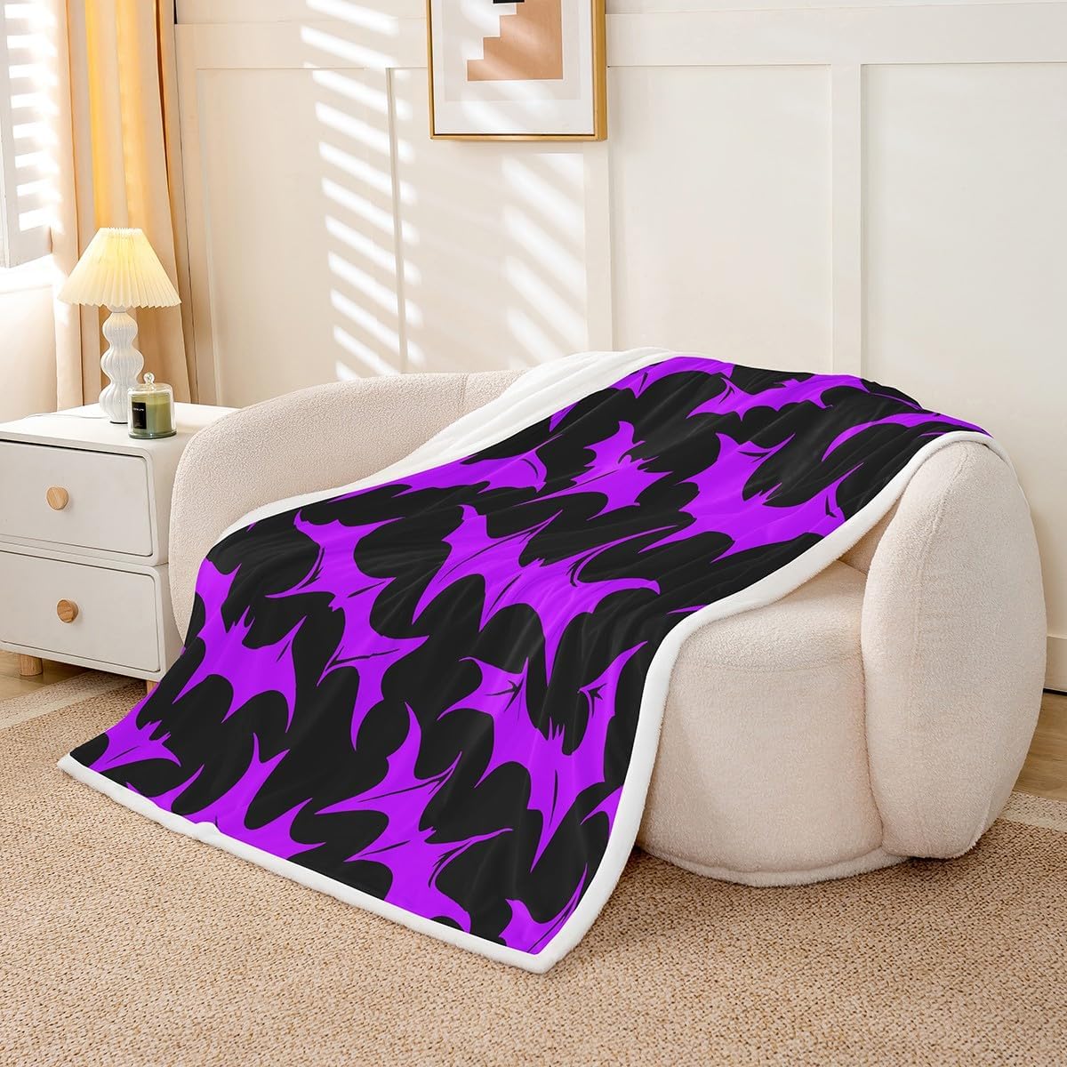Erosebridal Bats Halloween Decoration - Black Purple Bat House Throw Blanket Fleece Blanket,Horror Animal Bird Gothic Shadows Pattern Blanket 90"x90" Western Festival Halloween Decorations Indoor