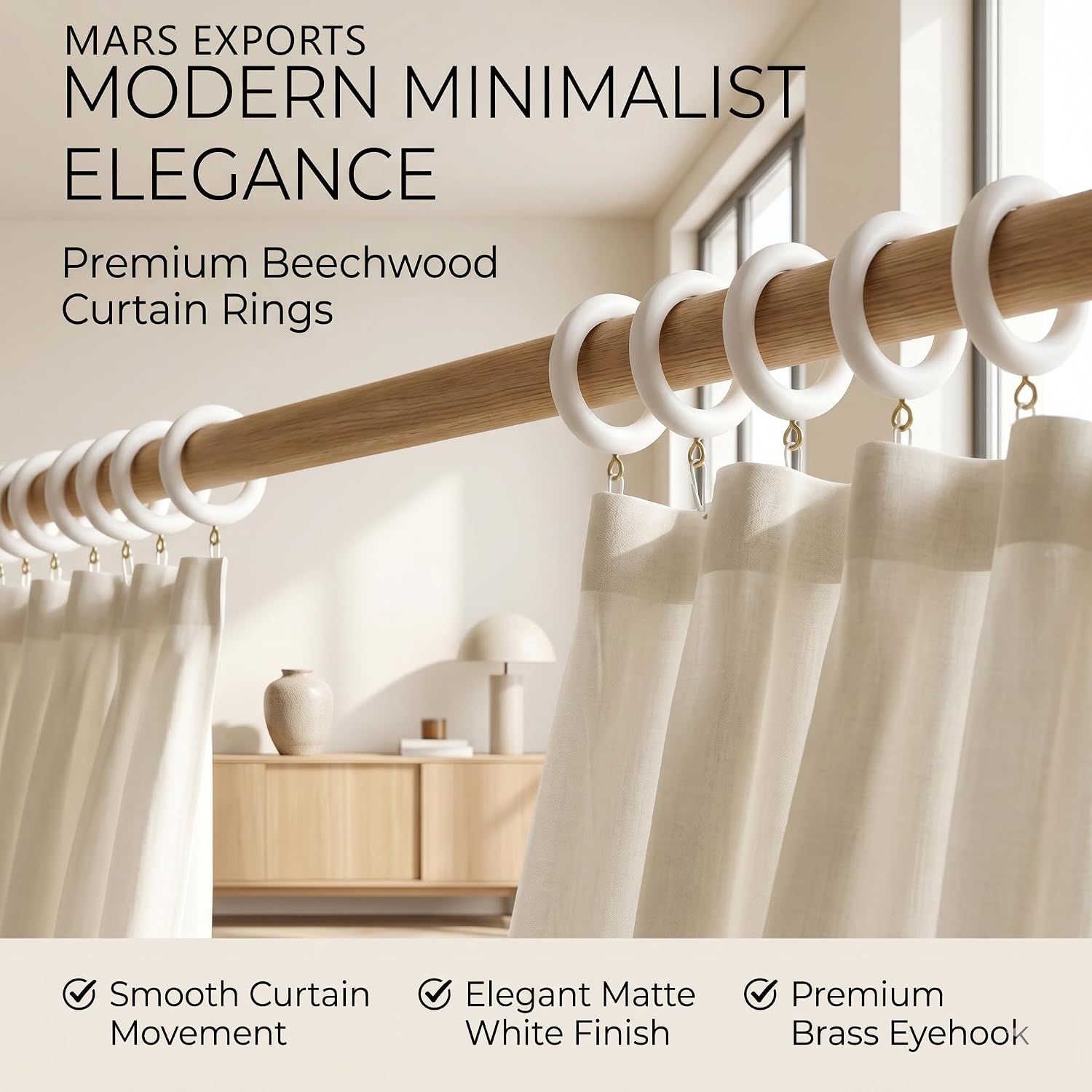 White Wooden Curtain Rod Ring, Wood Curtains Rings, Hooks, and Hangers for Shower Curtains and Drapery, Durable Wooden Ring for Hanging (24, 2.2 INCH Inner Dia.) image 2