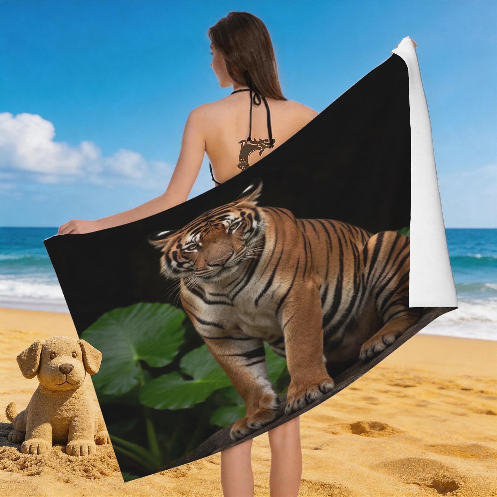 Leichong 3D Tiger Printed Beach Towel Large Microfiber Soft Quick Dry for Adults, Woods Animals Bath Towel Lightweight Soft Absorbent for Travel Swimming Pool Sports, 80 x 160 cm