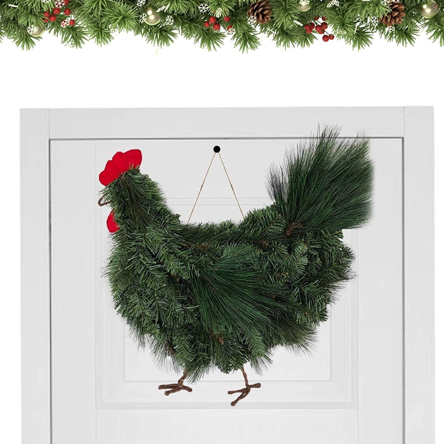 Christmas Rooster Chicken Wreath,12 Inch Artificial Rooster Shaped Christmas Wreath | Durable Christmas Decoration Door Garland for Indoor, Outdoor, Farmhouse, Cabin