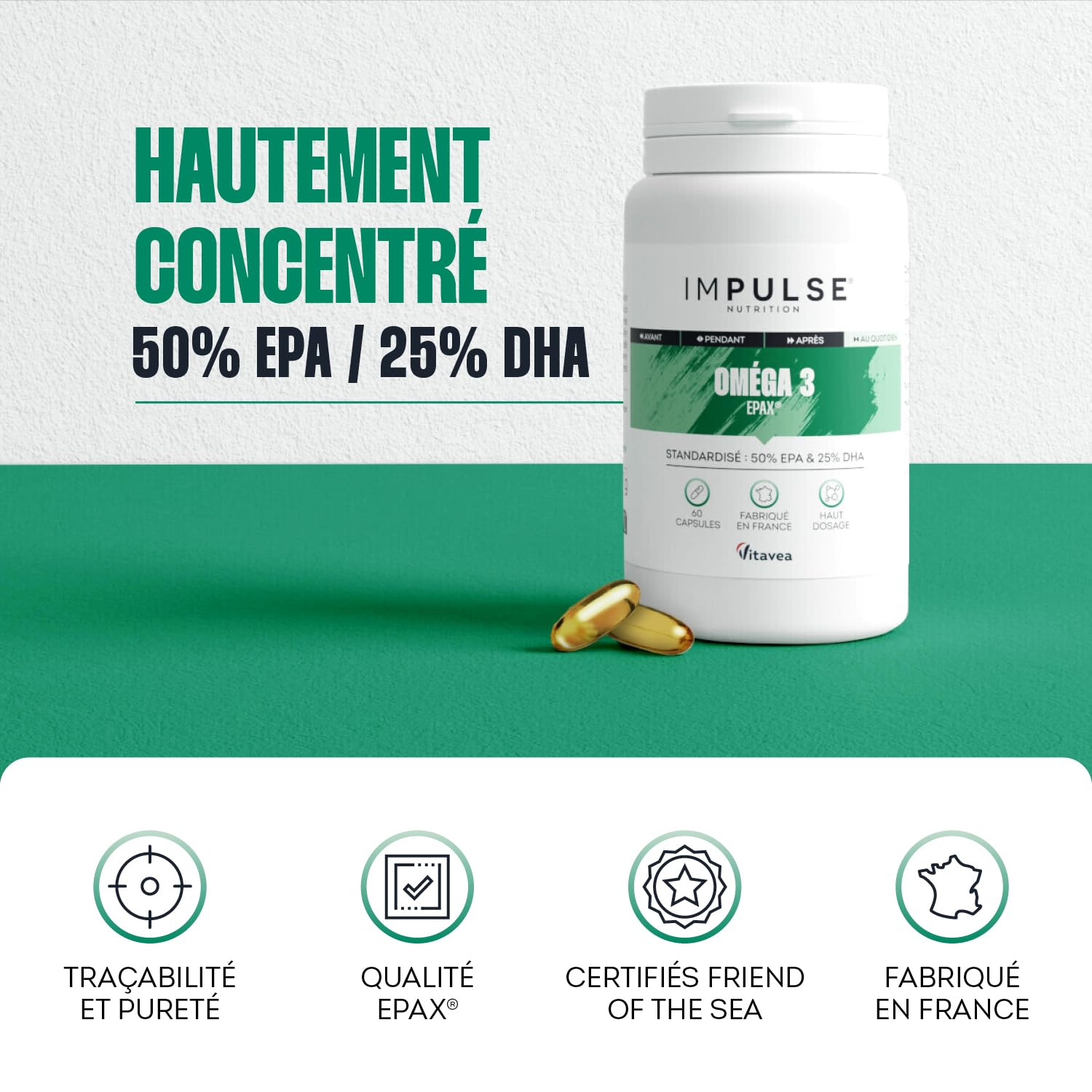Impulse Nutrition - Oméga 3 concentrés 50% EPA / 25% DHA - Qualité Epax® - Pureté Totox <10 - Certifiés Friend of the Sea - Complément alimentaire Bien-être & Performance - Fabriqué en France