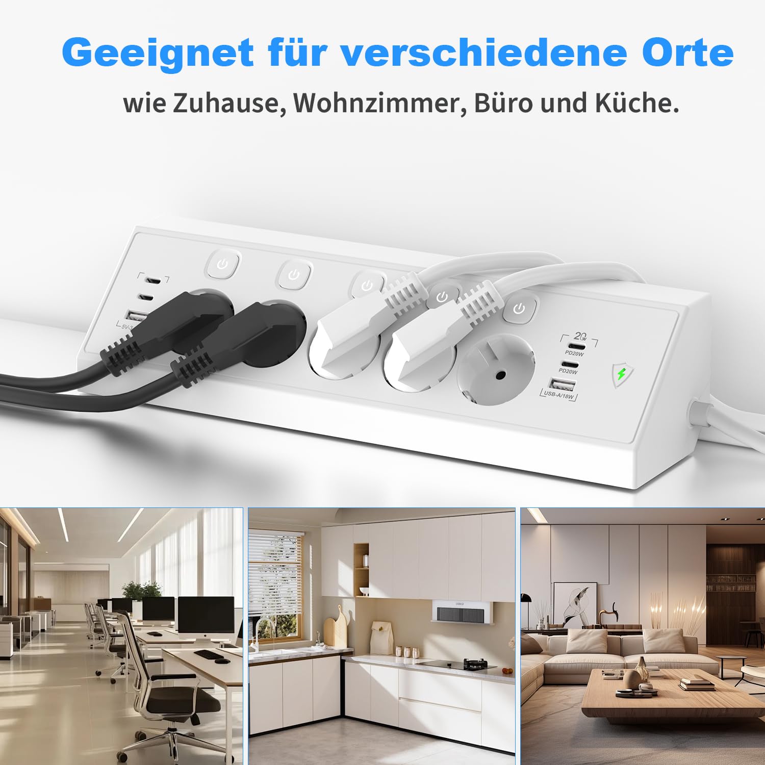 Regleta Enchufes de Esquina con USB C 20W, 5 Tomas Enchufe Multiple con 4 USB C y 2 USB A, Regleta Proteccion Sobretension con Interruptor, Enchufe de Mesa 1,8 m Cable para Cocina y Oficina, Blanco — view 8