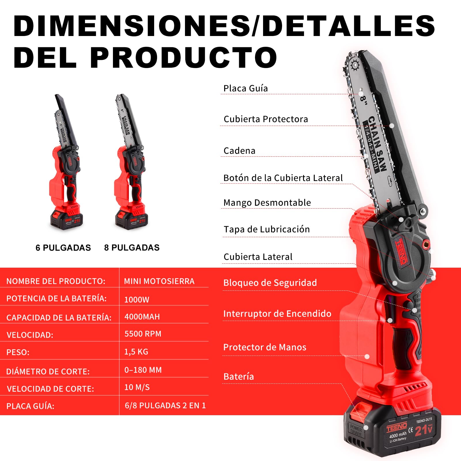 TEENO Motosierra de Batería, Mini Motosierra Eléctrica 6&8 Pulgadas 2-en-1, Kit con 6 Cadenas (3×6"+3×8"), Motor Sin Escobillas, 2×4000mAh, 5500 RPM, Ligera para Jardín, Podar, Madera