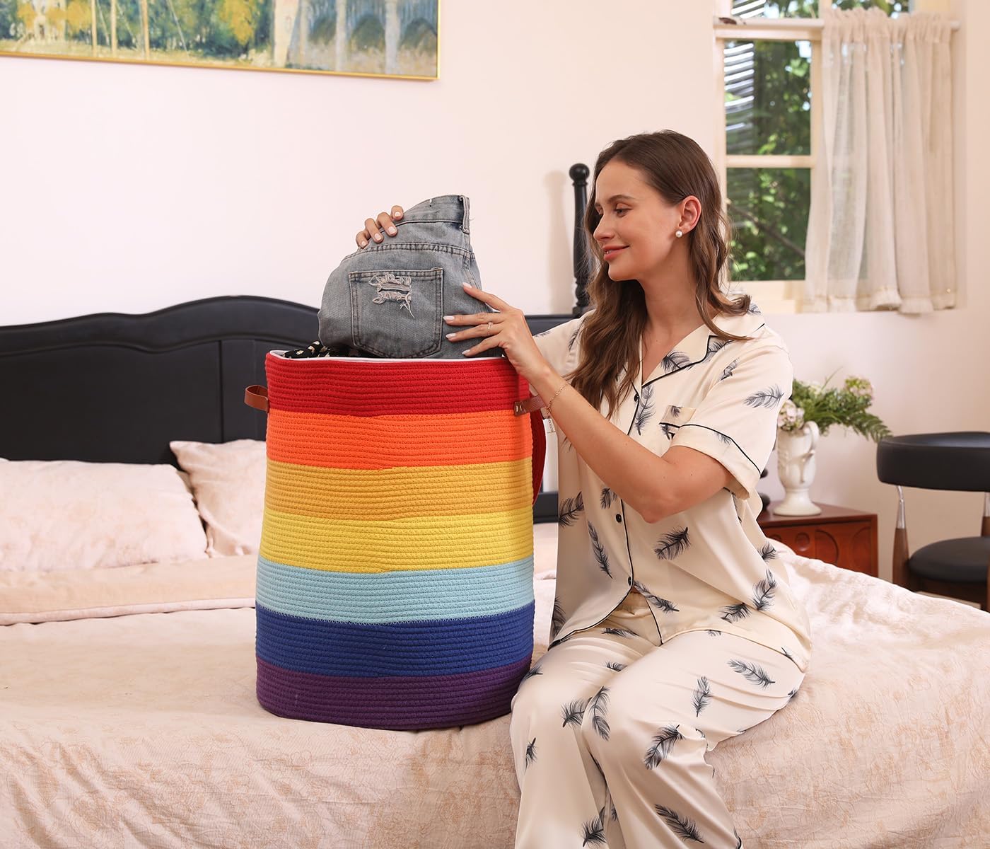 Cottonphant Extra Large Cotton Rope Storage Basket with Lid and Zipper, Versatile Laundry Hamper and Cloth Bin for Clothes, Towels, Blankets, Living Room Organization (Rainbow, 16"x20")