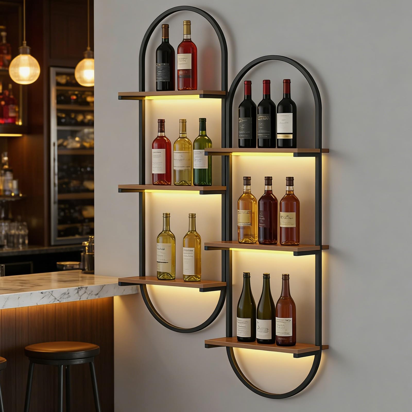 Weinregal Wand aus Metall, schwarzes schwebendes Industrieregal, 3-stufiger Wandmontage Wine Display-Ständer, für Hausbar, Esszimmer, Küche und Wohnzimmer (2)
