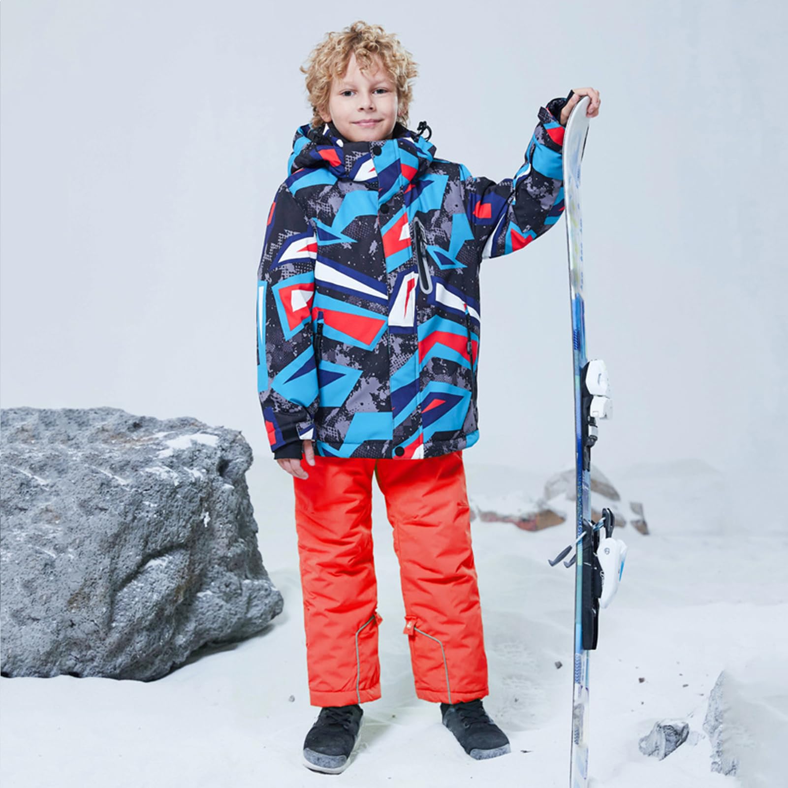 Conjunto de traje de esquí infantil de 2 piezas con capucha, traje de nieve impermeable a prueba de viento para niños y niñas, chaqueta de esquí cálida y pantalones de esquí, geométricos +