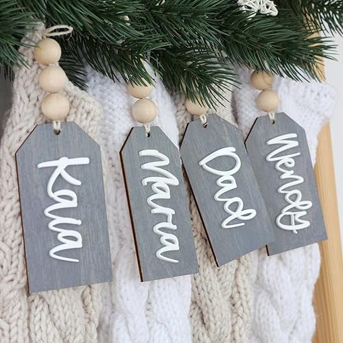 Stocking name tag Wooden Tags with beads Personalized Christmas name tag Personalized Christmas Stocking Tags Wooden Christmas Ornament 3D laser tag