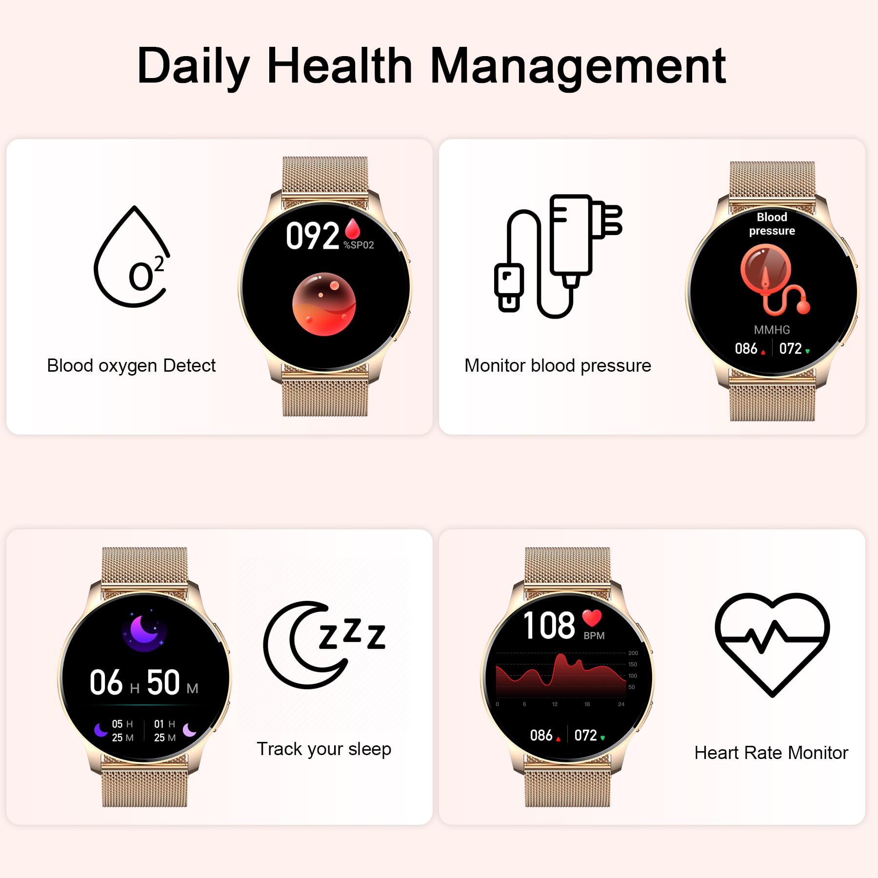 Smartwatch Donna Chiamata e Risposta,Orologio Smart Watch con Cronometro Contapassi Cardiofrequenzimetro Pressione Sanguigna SpO2 Sonno,20 Sportivo Orologio Fitness Tracker Watch per Android iOS