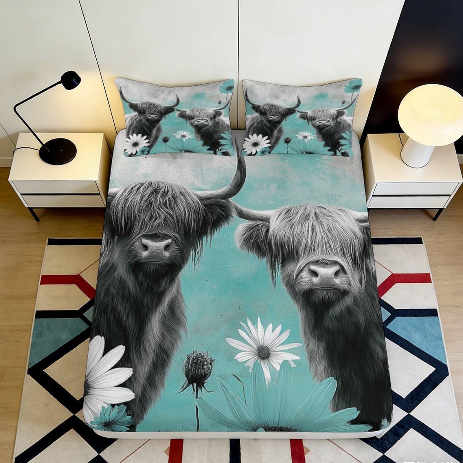 3D Printed Highland Cow Fitted Sheet Microfiber Soft Breathable Pasture Flower Mattress Cover for Bedroom Decor 90x200x25cm