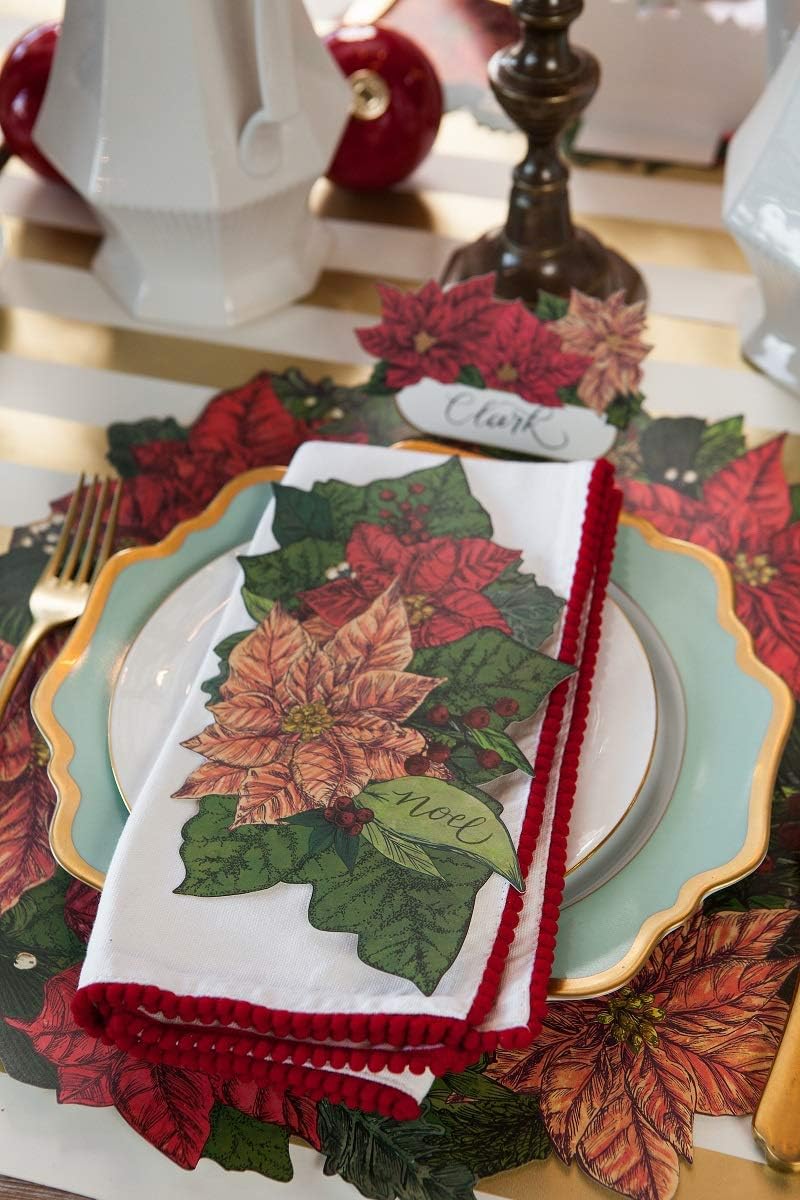 Paper Placemats for Dining Table - Disposable Round Paper Placemats for Christmas - Poinsettia 12 Sheets - American Made