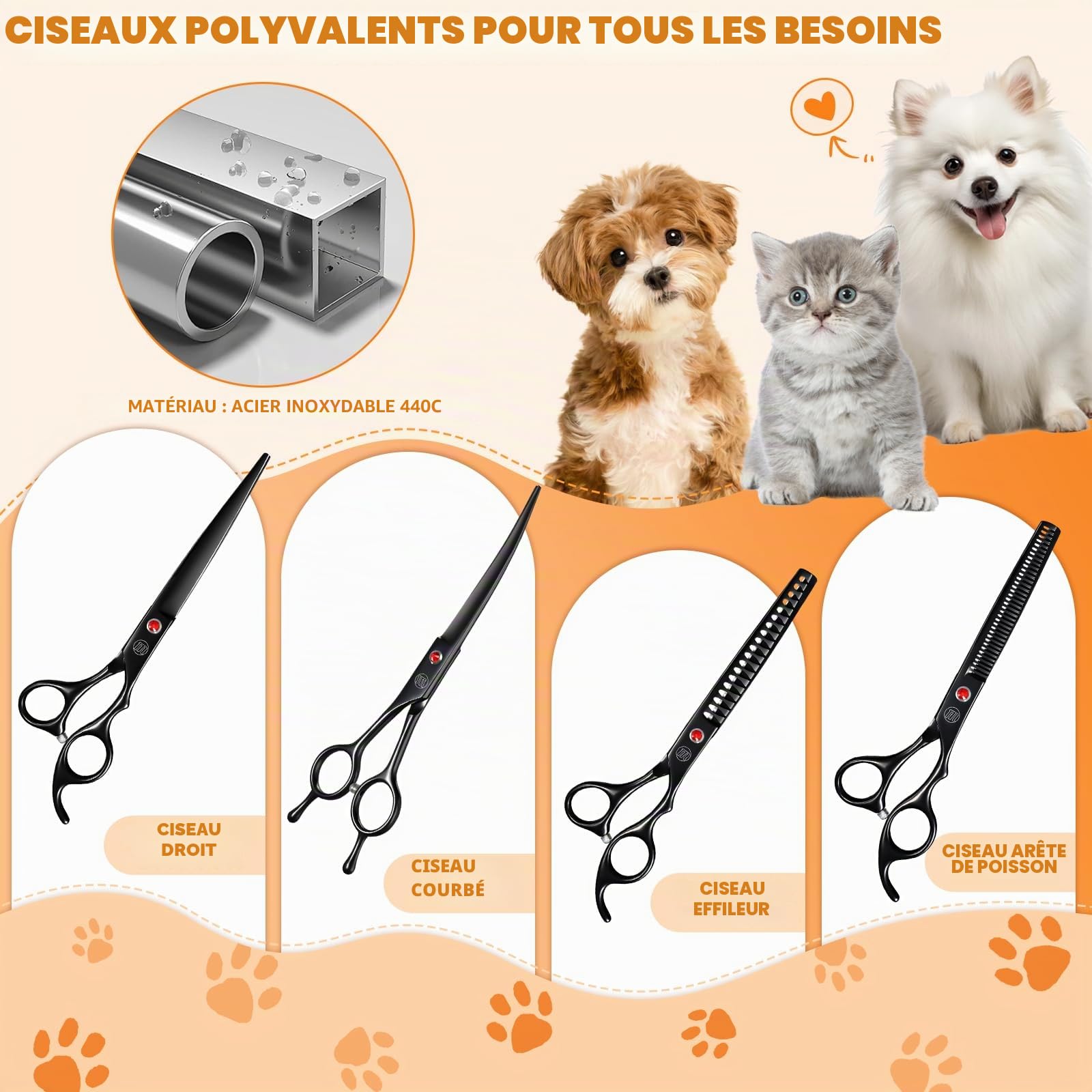 Moontay Professionnel Ciseaux Toilettage Chien et Animaux - Set Acier Inoxydable avec Droits, Courbés, Arête de Poisson, Effileurs, Peigne et Tissu de Nettoyage - Noir
