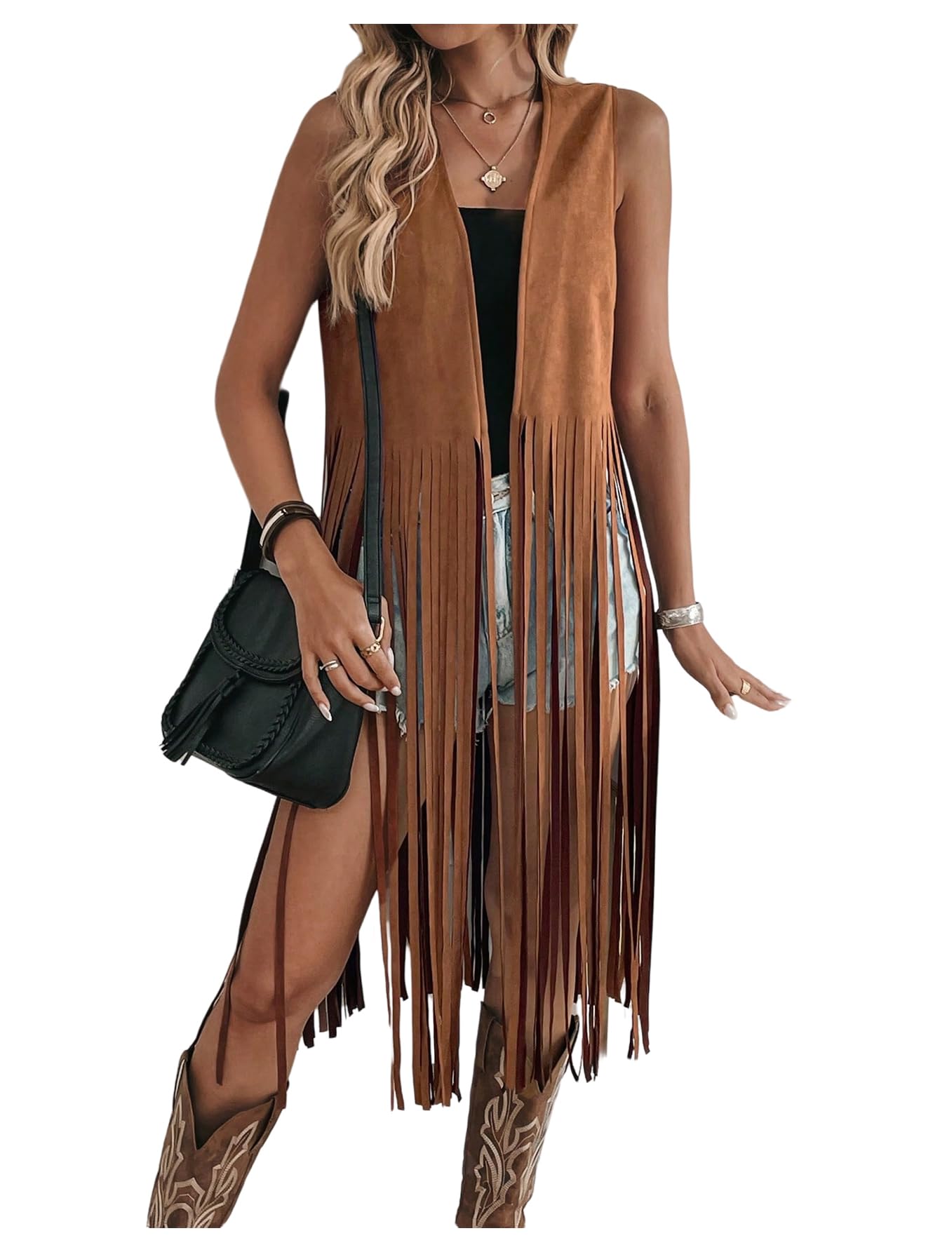 Milumia Womens Sleeveless Fringe Vest Faux Suede Western Cardigan Jacket