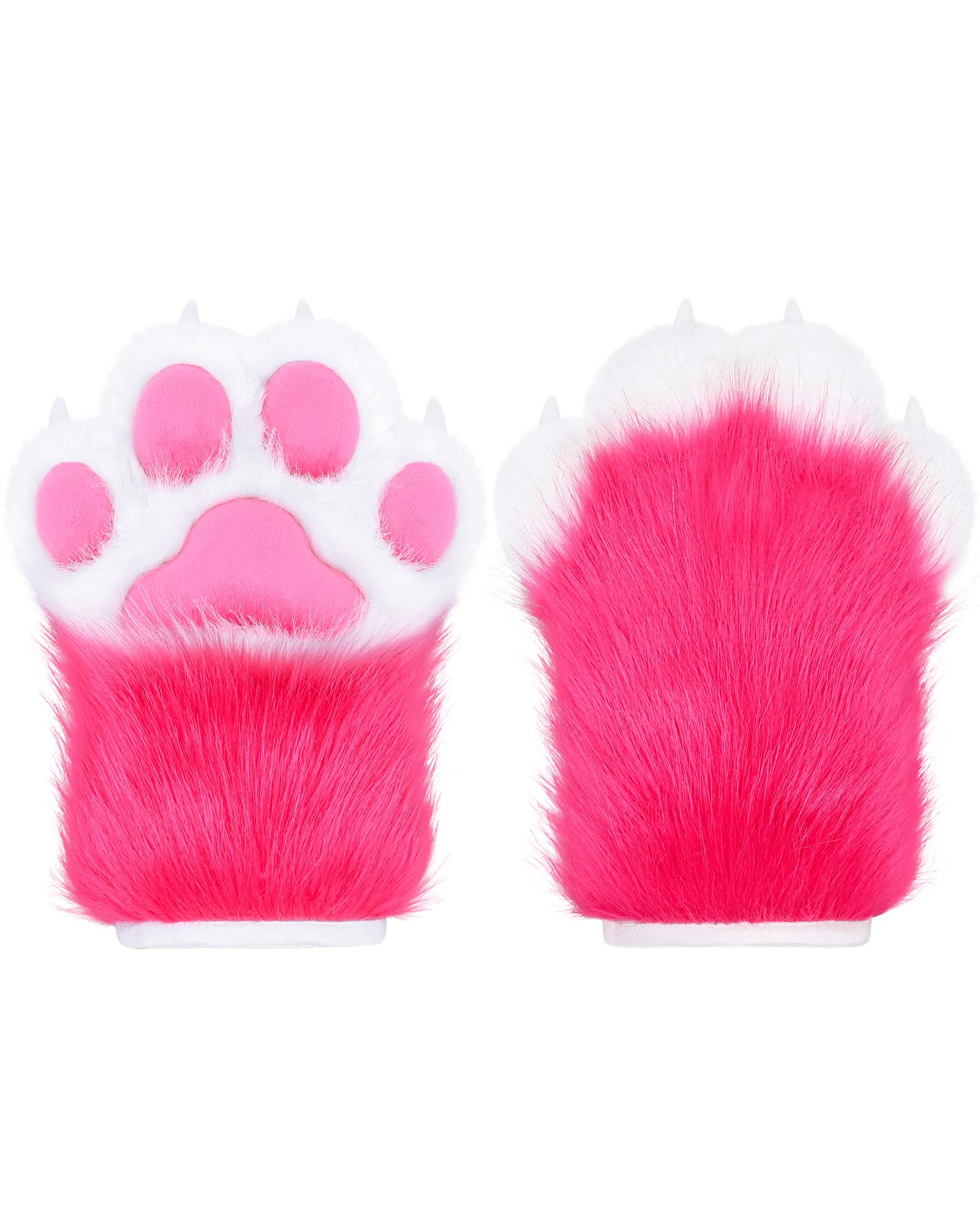 ZFKJERS Cosplay Animal Extended Fluffy Plastic Claws for Cat Fursuit Paws Gloves Adults Costume Accessories Set (Rose-Red)