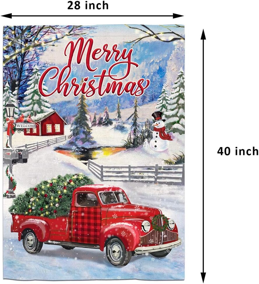 Bonsai Tree Christmas Flags 28 x 40 Double Sided, Rustic Little Red Truck Burlap Garden Flag, Buffalo Plaid Snowman Winter Farmhouse Primitive Welcome House Lawn Banners Gifts Decorations for Home