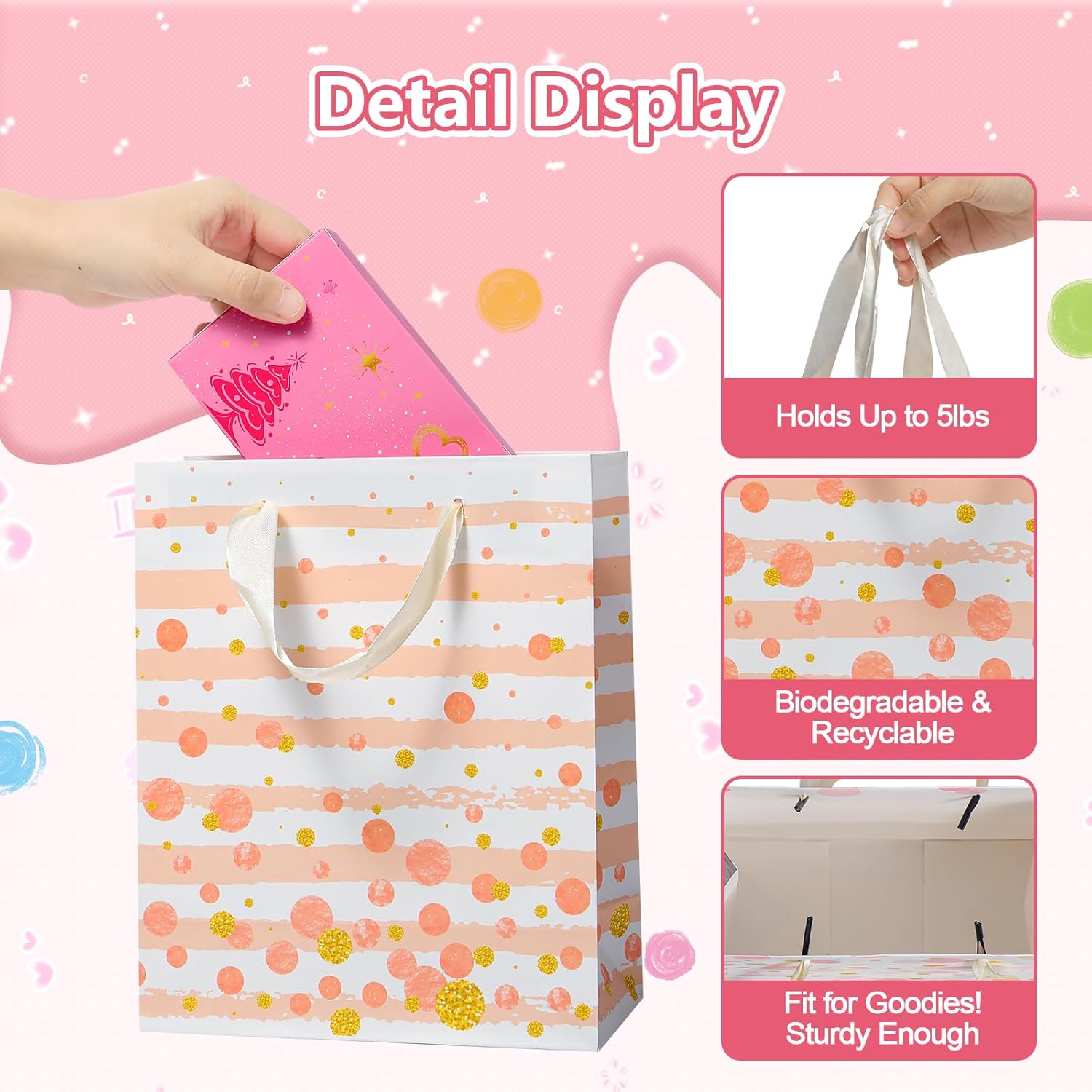 Ehpiern 8 Pcs Beautiful Gift Bags, 9" Paper Gift Bag with Tissue Paper, Reusable Gift Bags Suitable for Presents of Any Birthday, Baby Shower, Weddings, Christmas, Mothers Day & Other Occasion (8PCS Pink) - Image 3