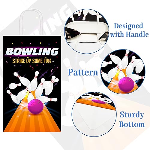 Miniatura 3 de Paquete de 12 bolsas de regalo con diseño de boliche para fiestas, bolsas de golosinas con mango para fiesta de cumpleaños con temática de boliche,