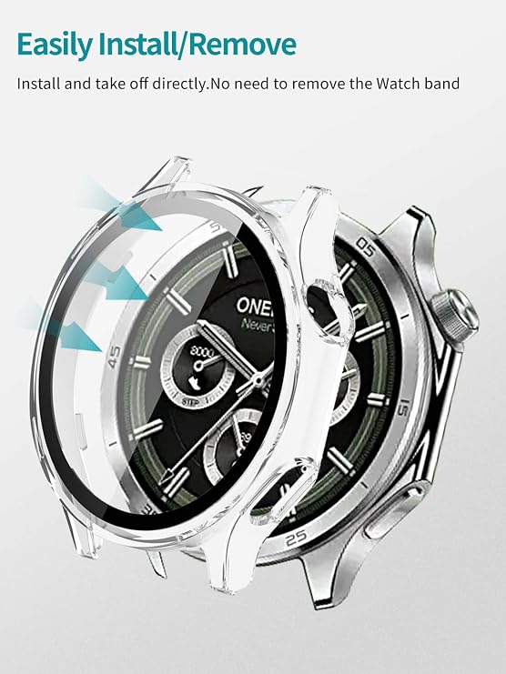 NOUKAJU Oneplus Watch 4用ケース 2個パック 保護カバー スマートウォッチ用 9H強化ガラスフィルム内蔵 ハードPC 取り付け簡単 Oneplus Watch 4用スクリーンプロテクター ブラック+クリア
