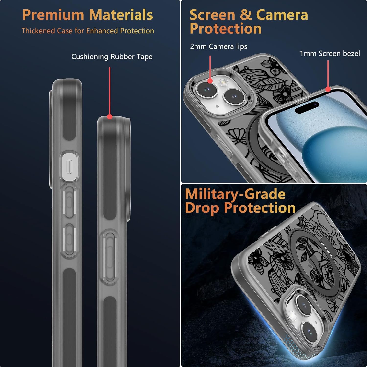 XIZYO Magnetic for iPhone 15 Plus Case Floral Flower Cute [Compatible with MagSafe] Magnetic Ring Stand Clear Rose Women Girly Kickstand Shookproof Case 6.7 Inch-Matte Black - Image 6