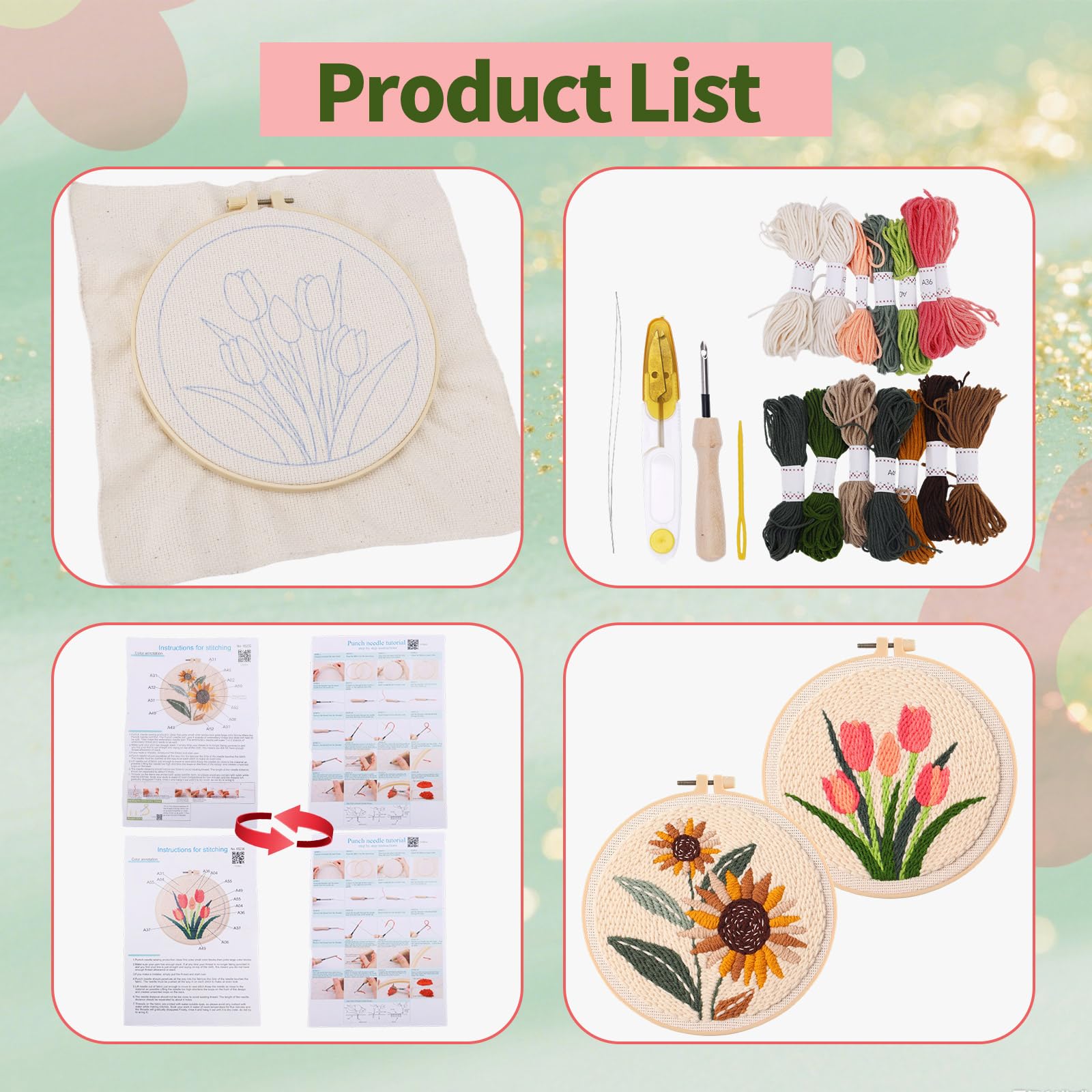 Penitue Kit Punch Needle, Modello Girasole e Tulipano Fai da Te Ricamo Floreale, Set Iniziale per Adulti Principianti Bambini con Tessuto Stampato Filati Aghi da Cucito Telaio Ricamo Infila-Fila