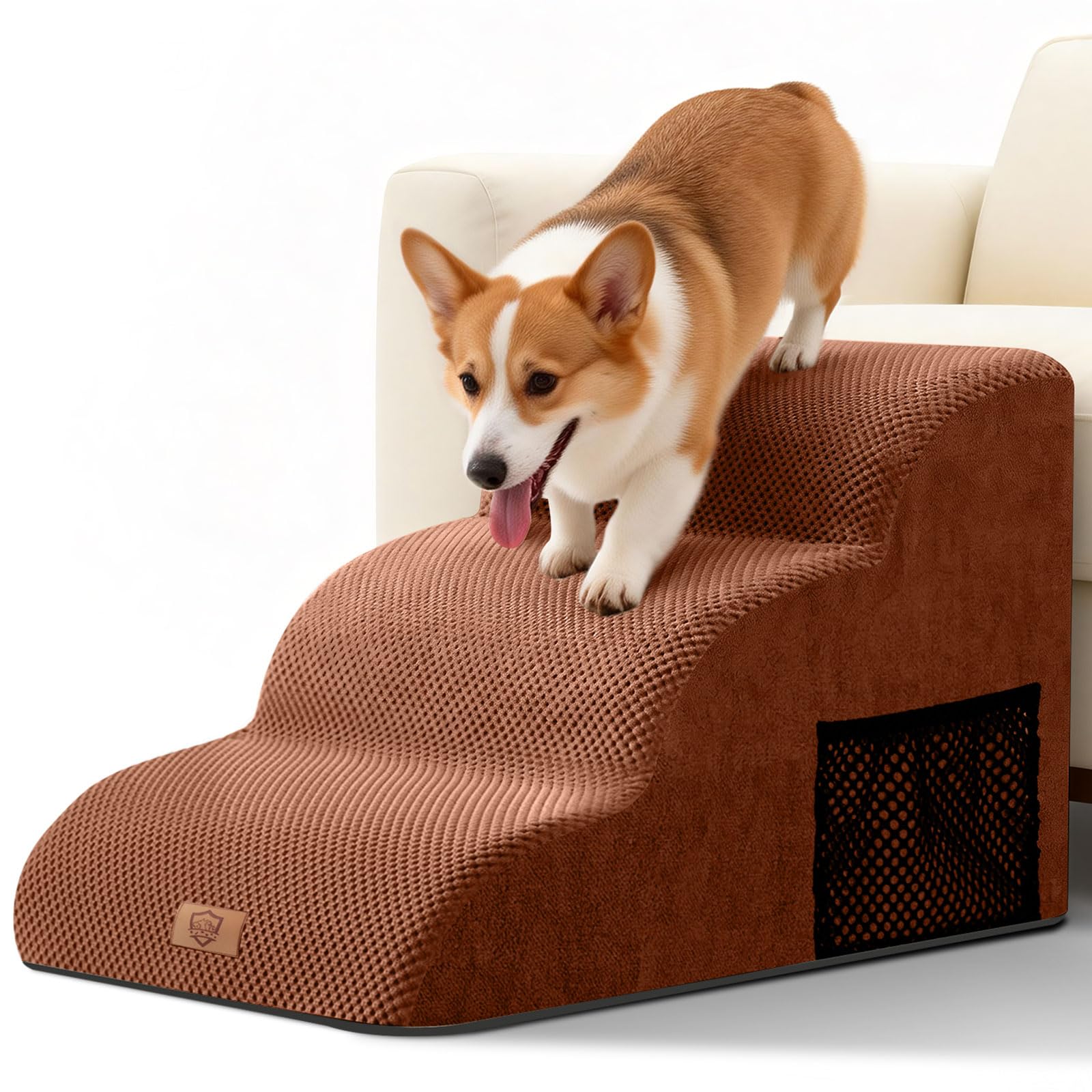 Dog Steps for Bed, 3 Steps Non-Slip Pet Steps with Washable Cover, Waterproof Dog Ramp for Bed and Sofa, High Density Foam Steps for Small Injured Older Dogs Cats - Brown, 60x40x40cm