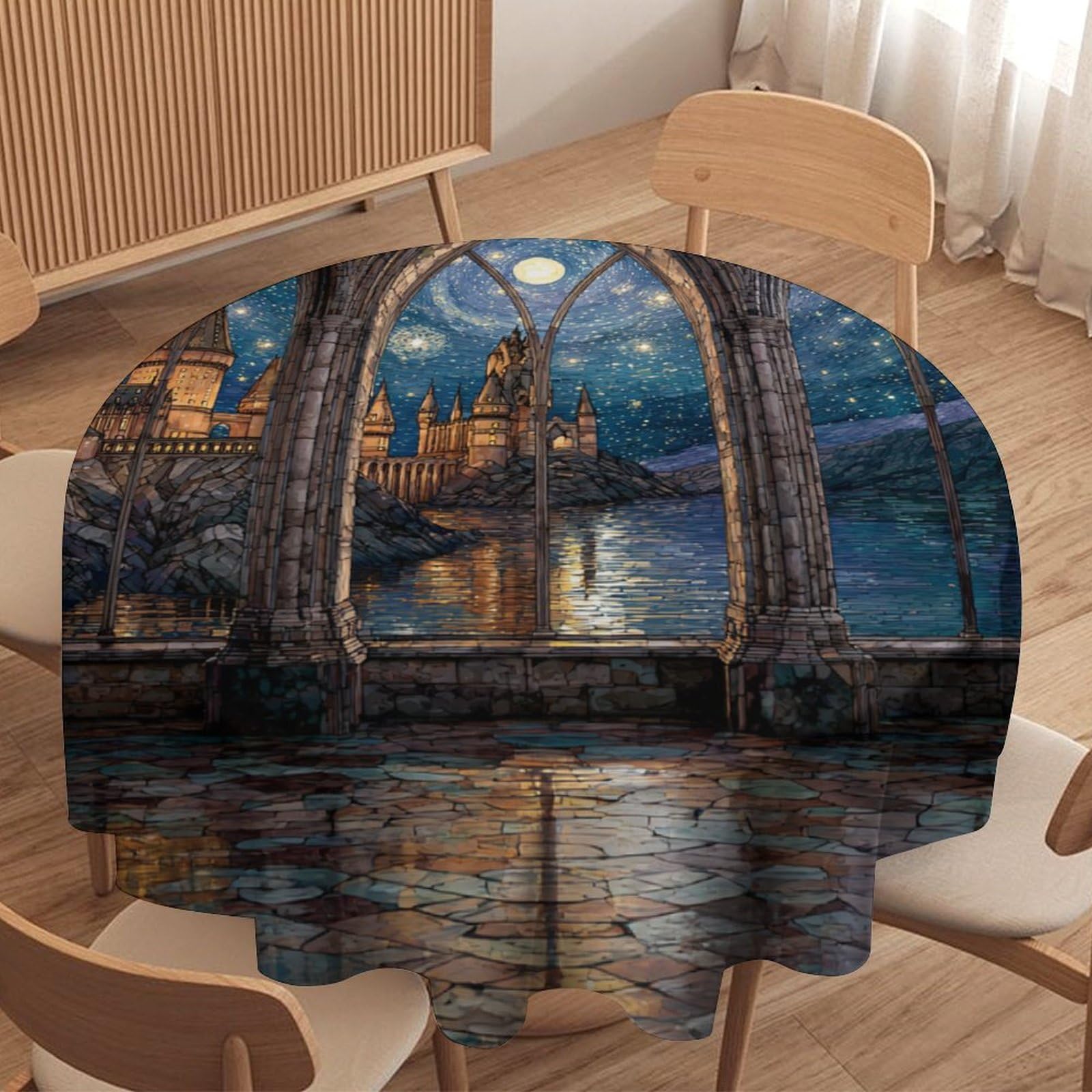 LUYYSKY Beautiful Realistic Magic Castle Round Tablecloth Mid Century Art Full Moon Galaxy Pattern Washable Decor for Table Cover for Kitchen-152.4" Wx152.4 L cm