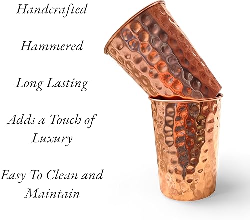 Miniatura 3 de Juego de 2 vasos de cobre puro martillado para agua potable, vasos de vidrio para beneficios de salud ayurveda