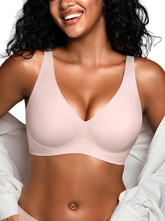 Wireless Bras for Small Breasted Women - S-L Deep-V Jelly Seamless Bralette, Comfortable Padded T-Shirt Bra No Underwire Pink L