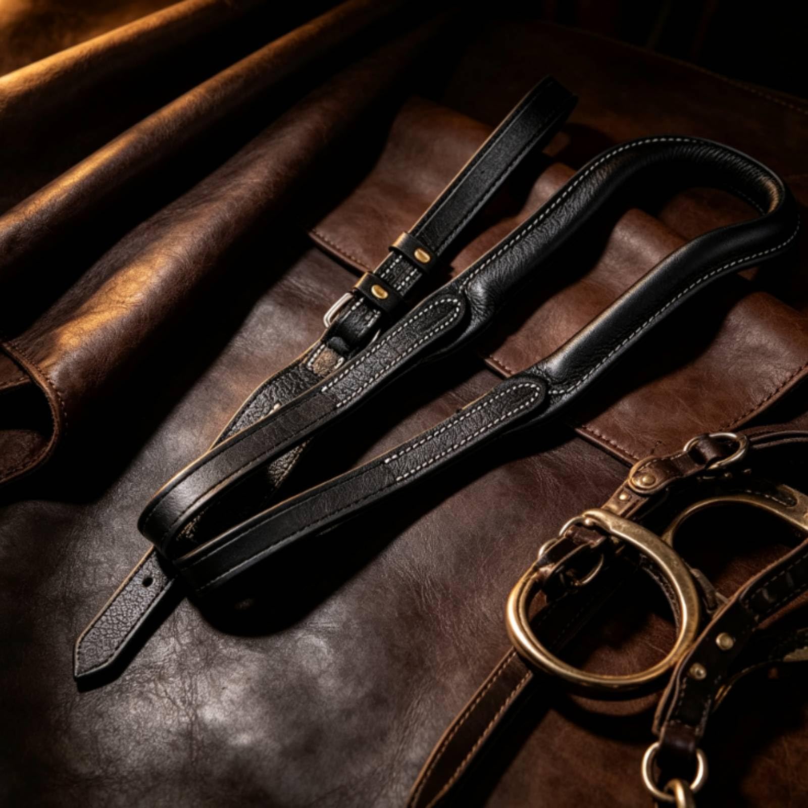 kowaku Cinturino da Selleria con Fibbia Cuciture Bianche Cinturino Regolabile in Pelle Presa Stabile Attrezzatura Equestre , Nero , L