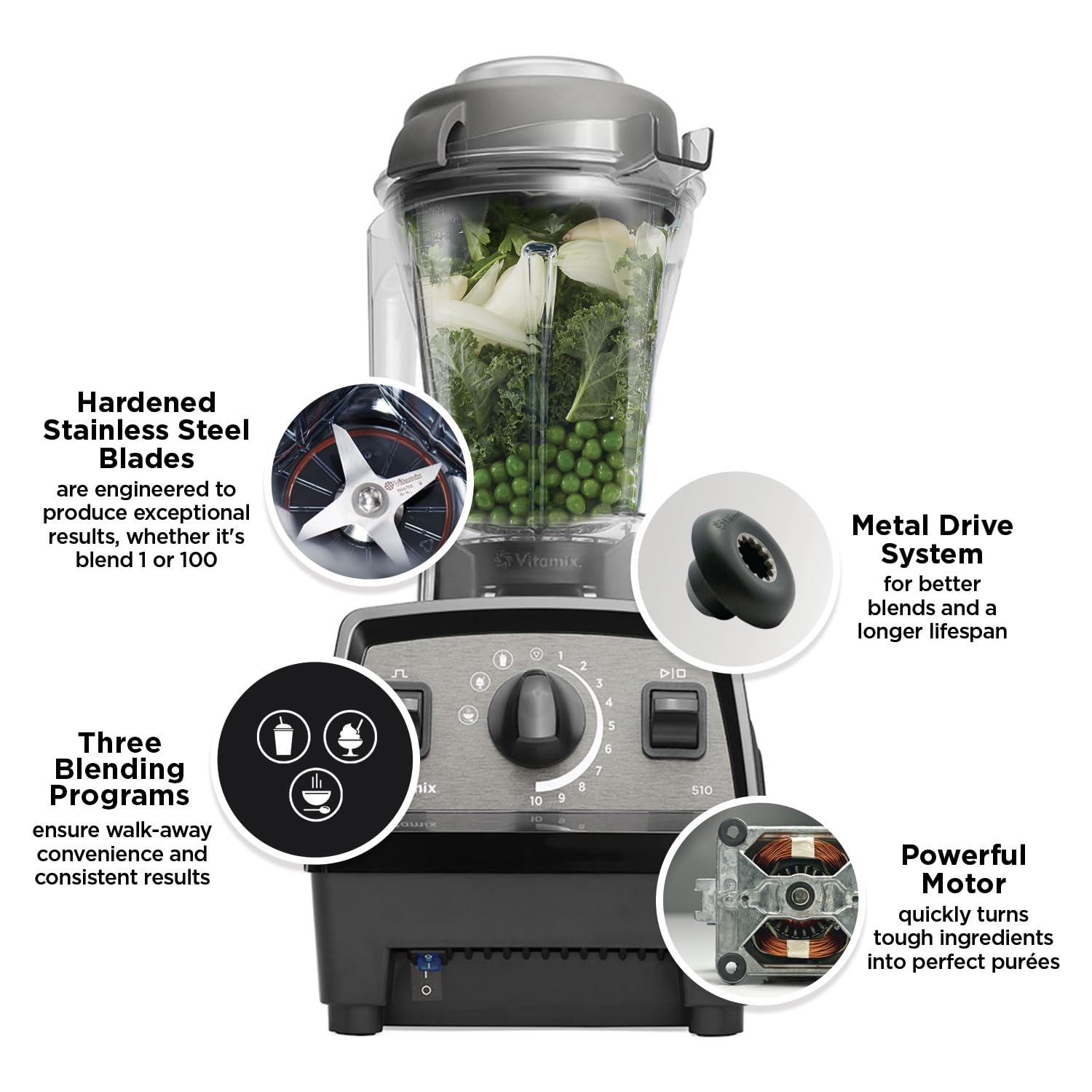 Vitamix Propel Series 510 Professional Grade Blender, 3 Presets: Smoothie, Frozen Dessert and Hot Soup, 48oz Pitcher, Black