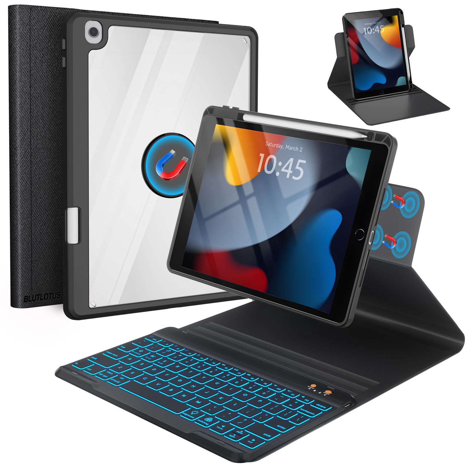 BLUTLOTUS Keyboard Case for iPad 9th/8th/7th Generation 10.2 Inch,360° Rotatable Magnetic Keyboard Case with Pencil Holder Grooves Design(2021/2020/2019),7 Color Backlit Detachable Wireless (Black)
